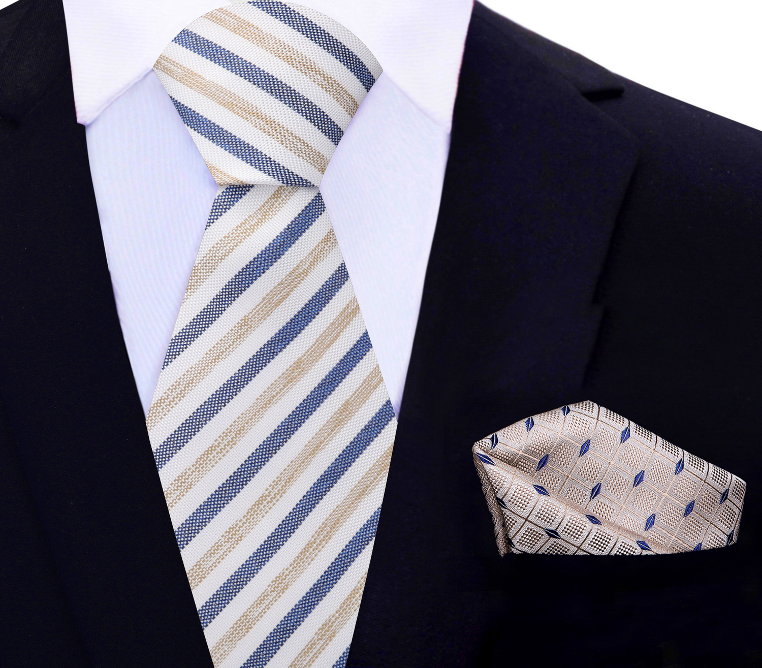 White, Dark Blue, Light Brown Stripe Necktie with Cream and Blue Geometric Square