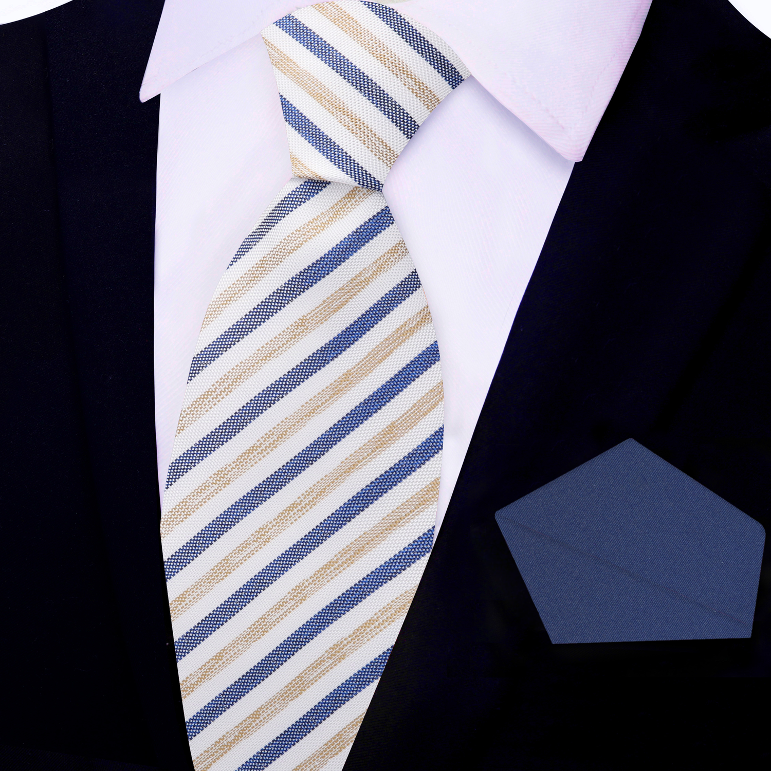 View 2: White, Dark Blue, Light Brown Stripe Necktie with Dark Blue Square