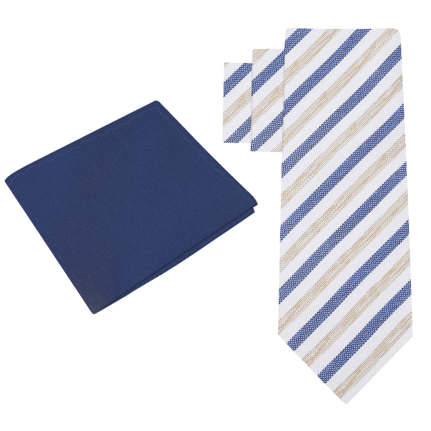 Alt View: White, Dark Blue, Light Brown Stripe Necktie with Dark Blue Square
