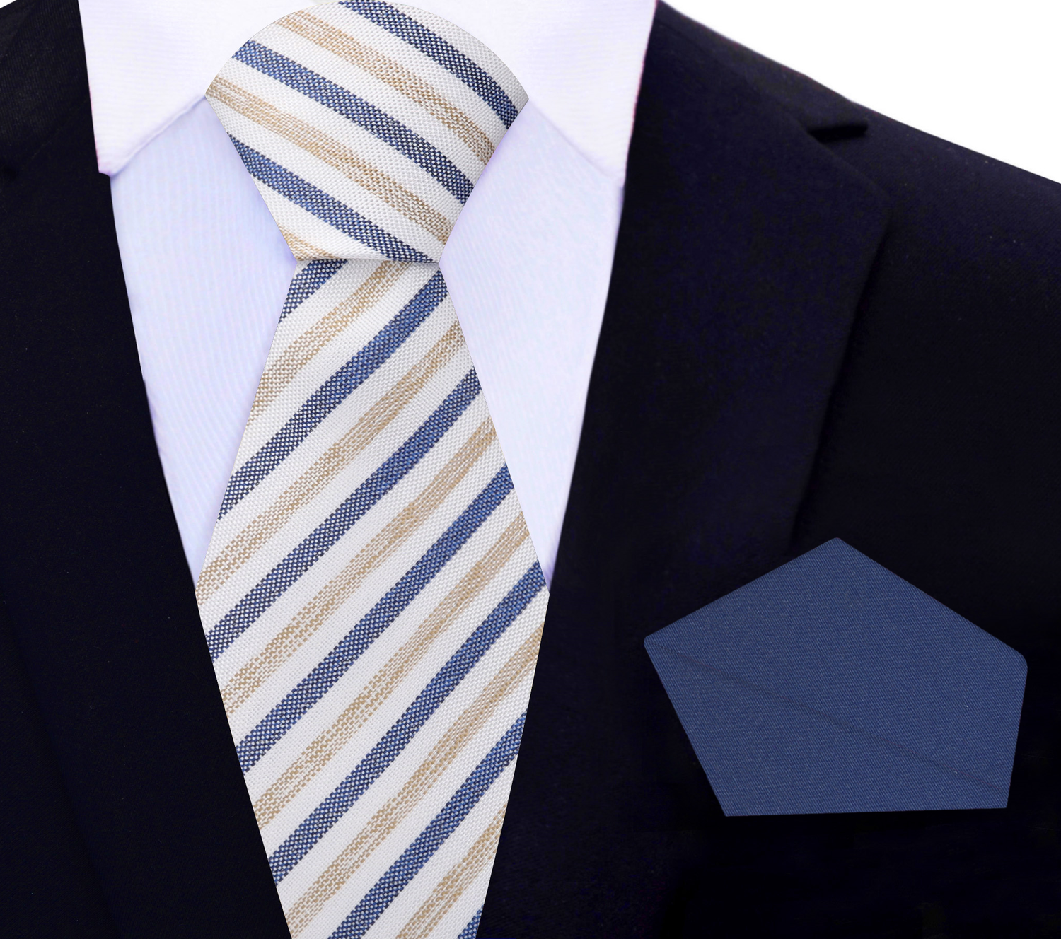 White, Dark Blue, Light Brown Stripe Necktie with Dark Blue Square