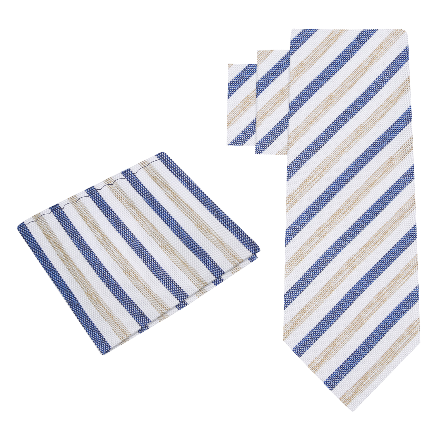 Alt View: White, Dark Blue, Light Brown Stripe Necktie with Cream and Square