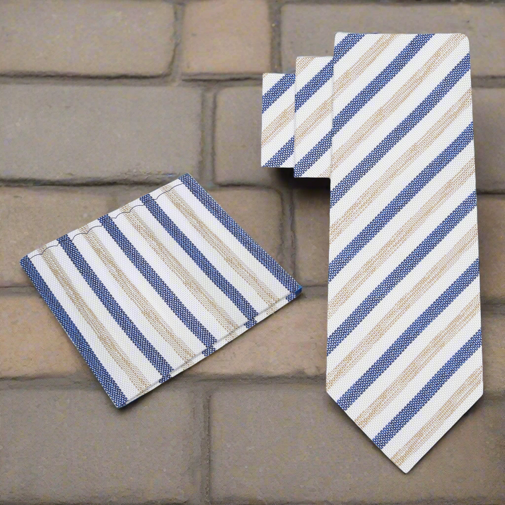 Alt View: White, Dark Blue, Light Brown Stripe Necktie with Cream and Square