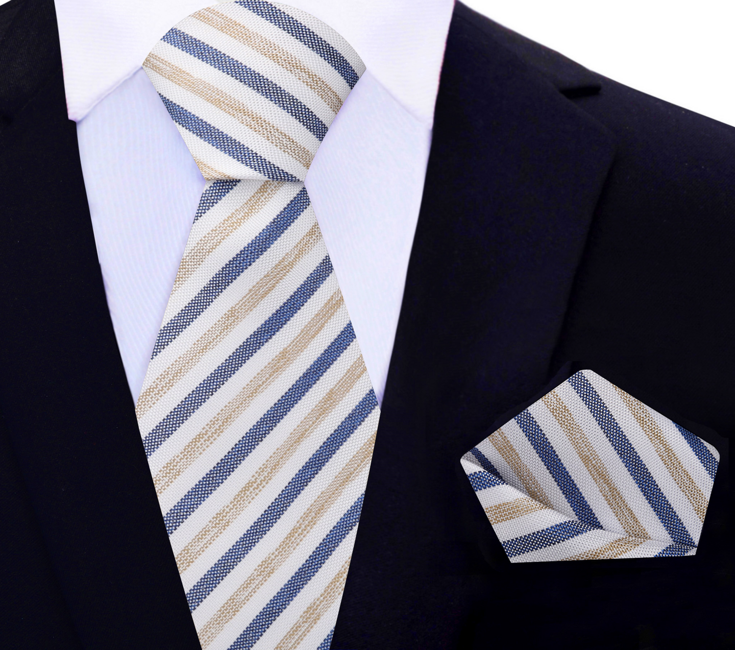 White, Dark Blue, Light Brown Stripe Necktie with Cream and Square