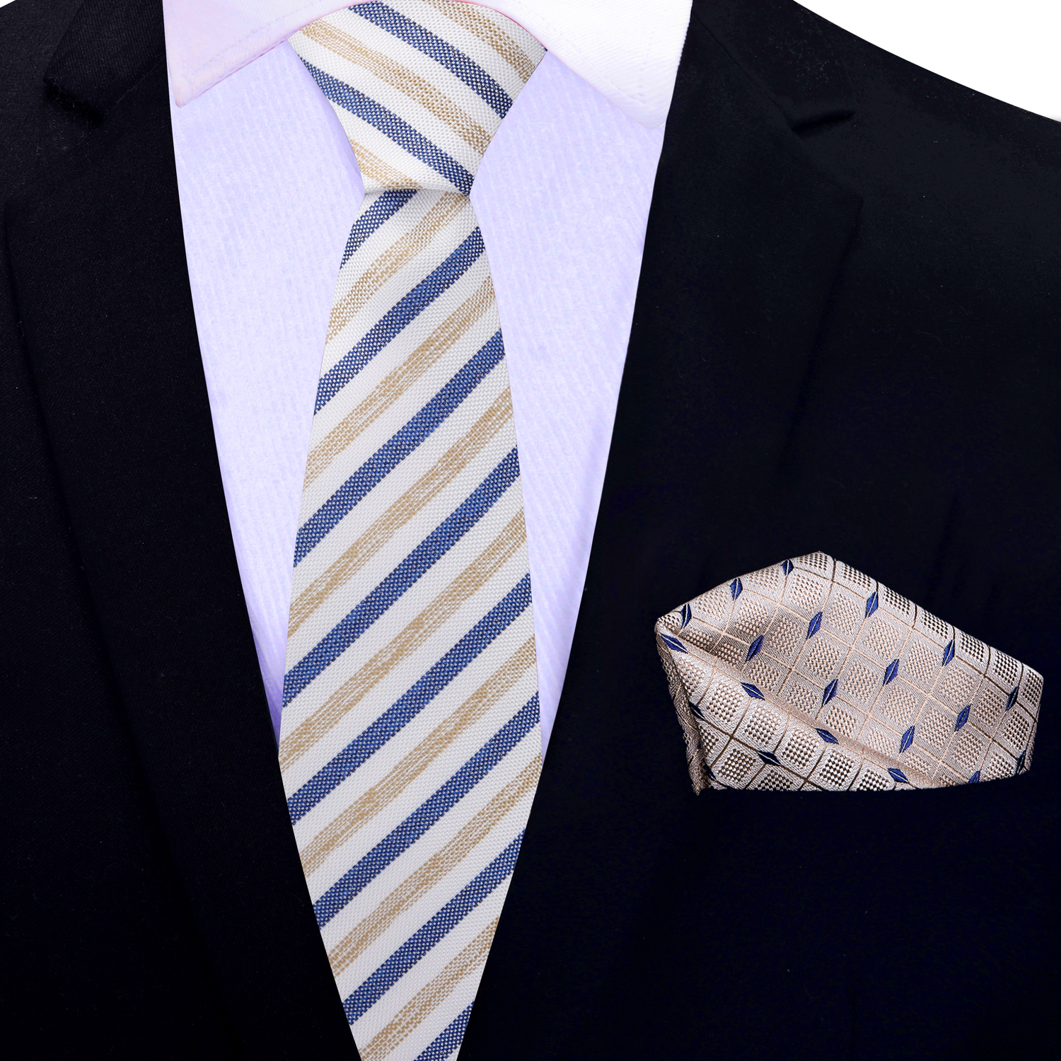 Thin Tie White, Dark Blue, Light Brown Stripe Necktie with Cream and Blue Geometric Square