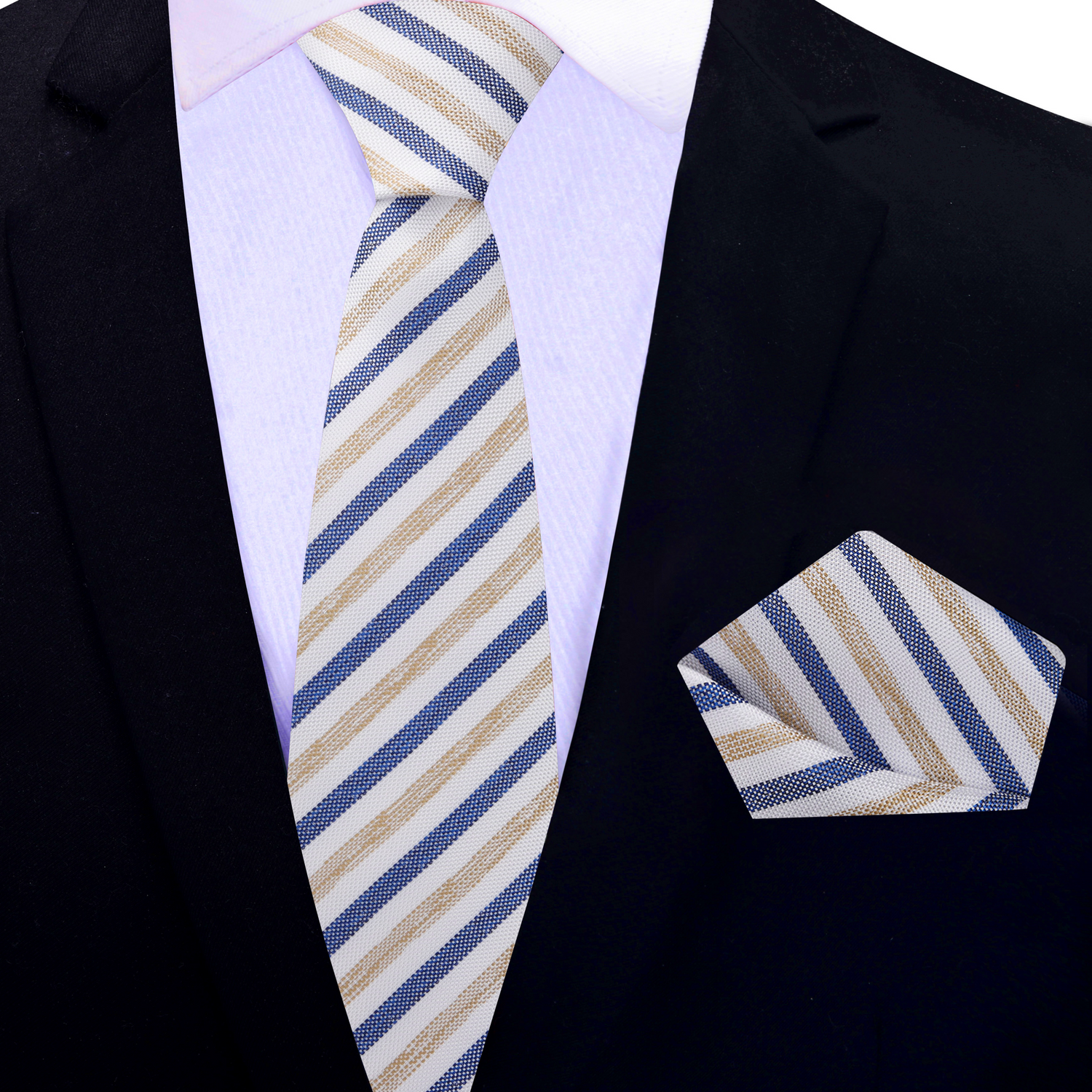 Thin Tie: White, Dark Blue, Light Brown Stripe Necktie with Cream and Square