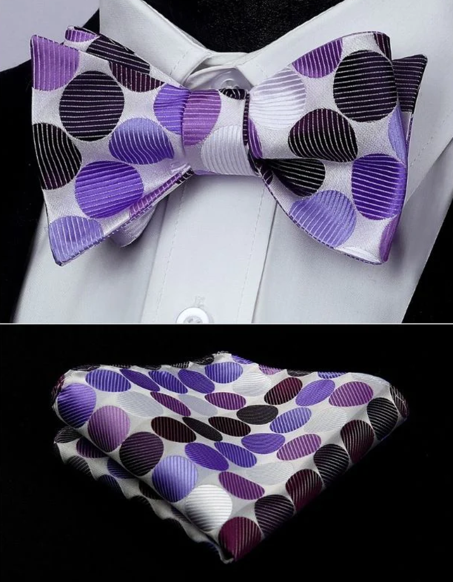 White with Purple Large Polka Dots Bow Tie and Pocket Square