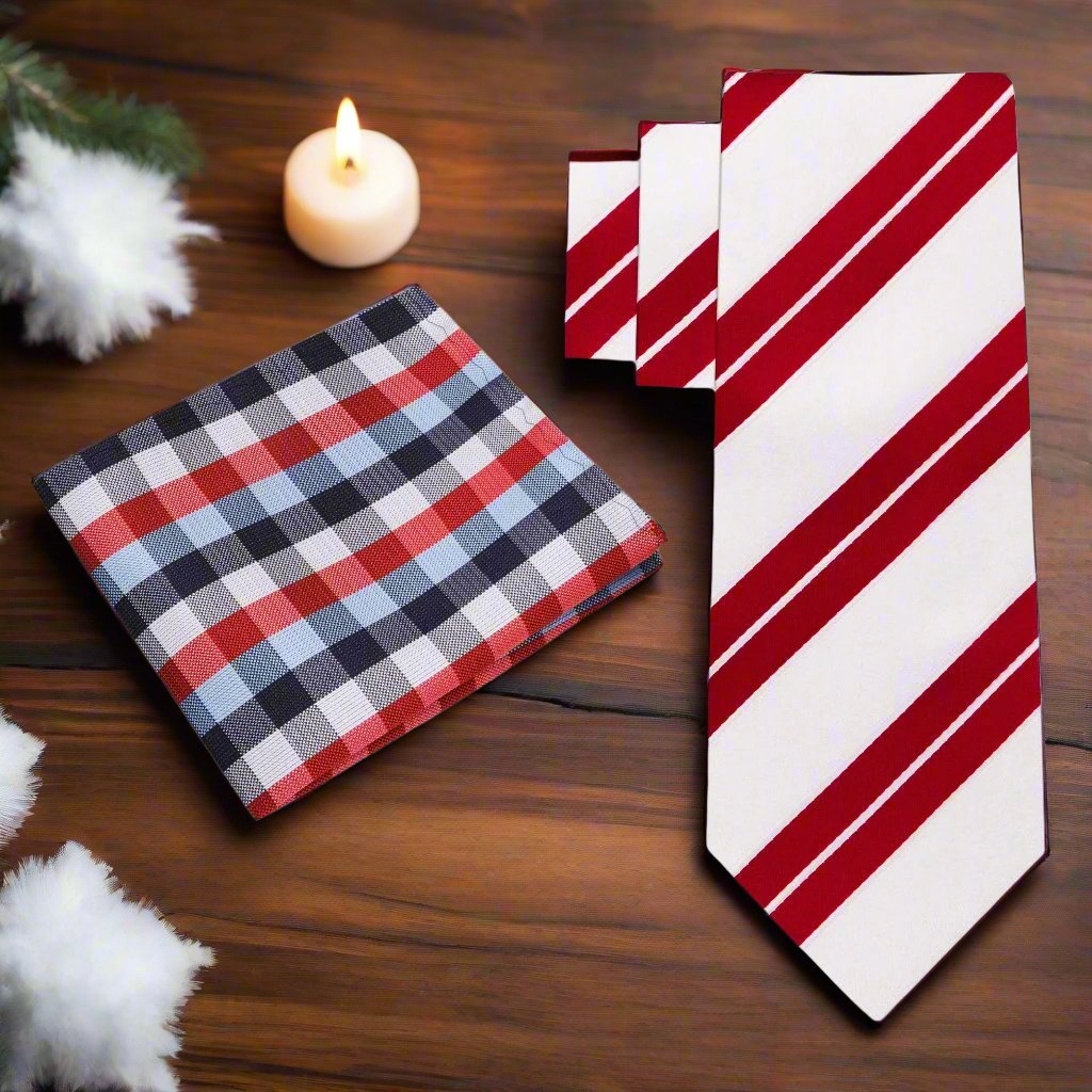 Alt View: White, Red Stripe Necktie and Blue, Red, Check Square