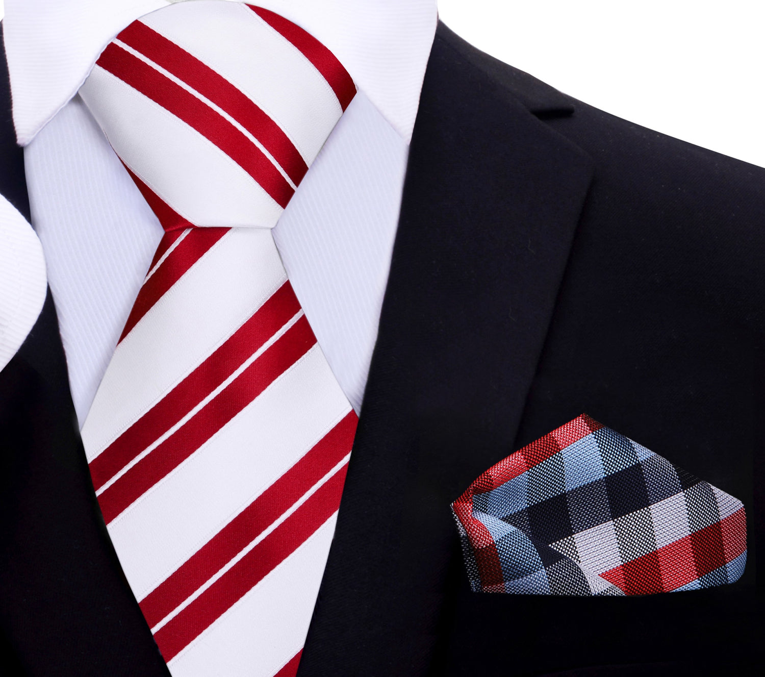 White, Red Stripe Necktie and Blue, Red, Check Square