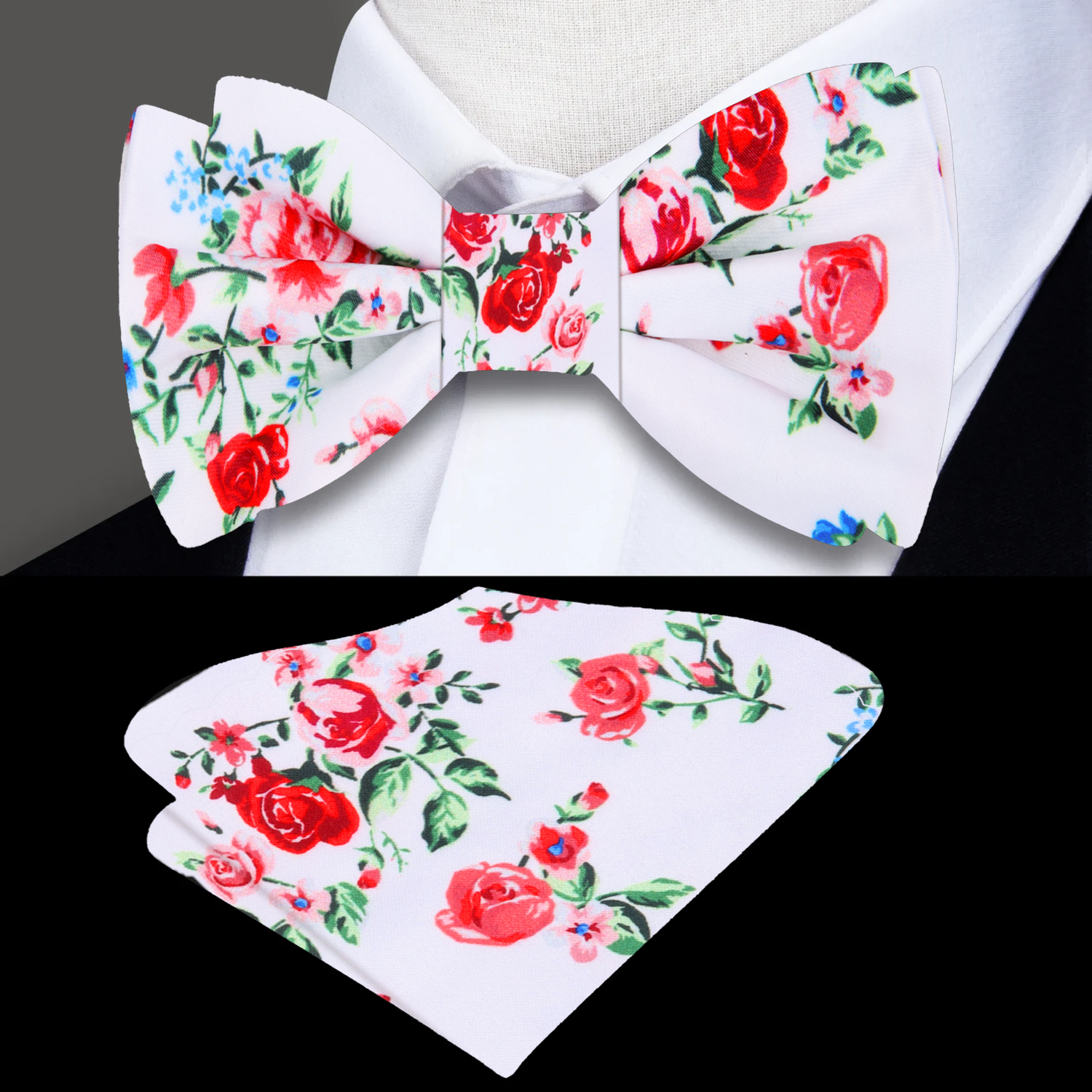 White, Red, Green Rose Bunches Bow Tie and Pocket Square||White