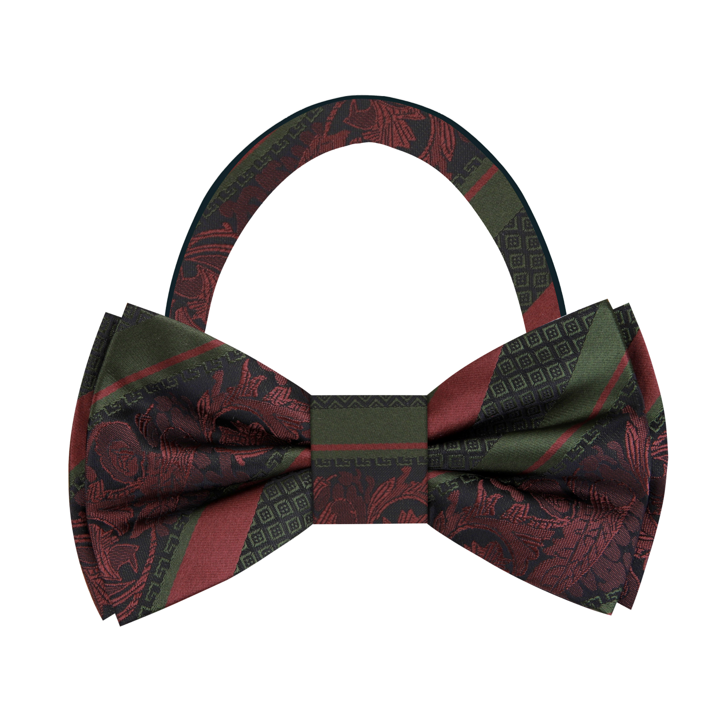 Army Green, Deep Red Wine Stripe With Intricate Vine Bow Tie Pre Tied