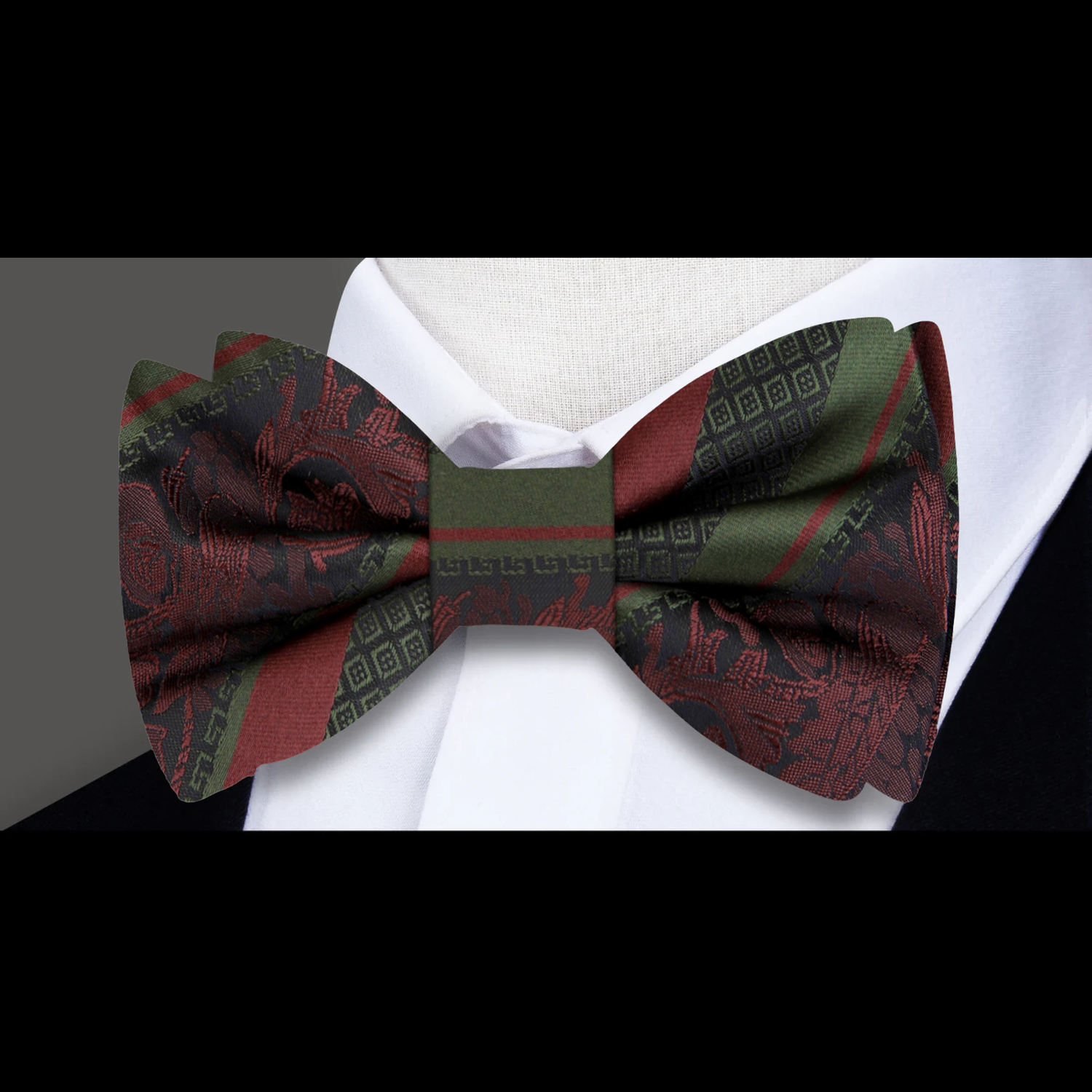 Army Green, Deep Red Wine Stripe With Intricate Vine Bow Tie  