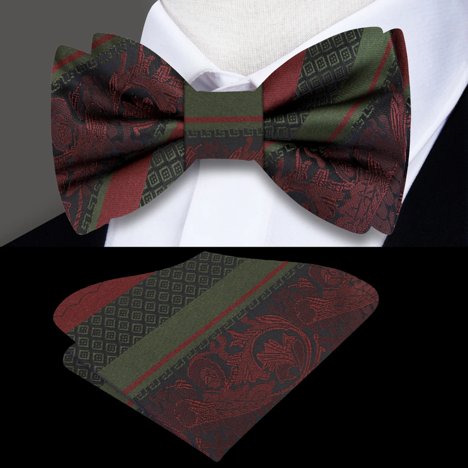 Army Green, Deep Red Wine Stripe With Intricate Vine Bow Tie and Pocket Square