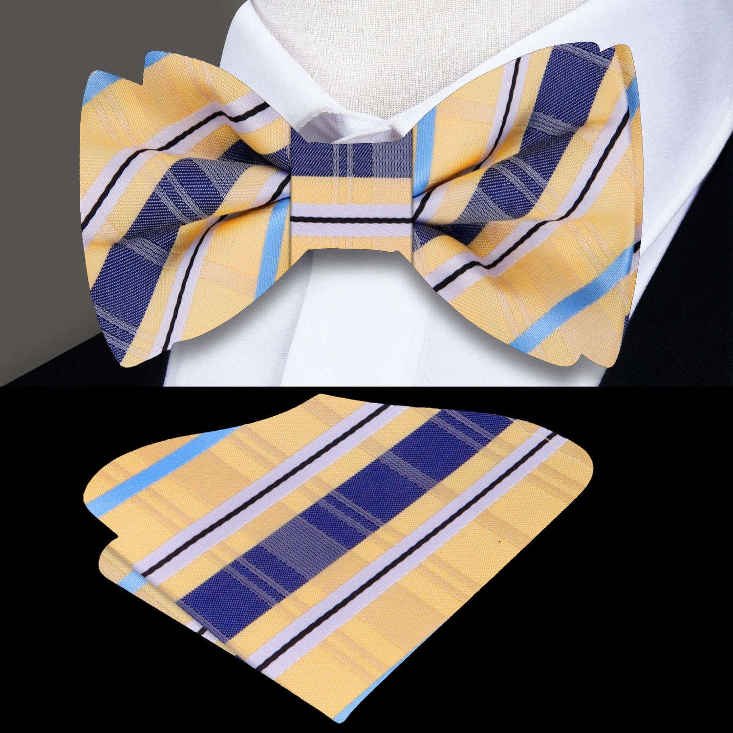 Light Yellow, Midnight Blue, Light Blue Plaid Bow Tie and Square