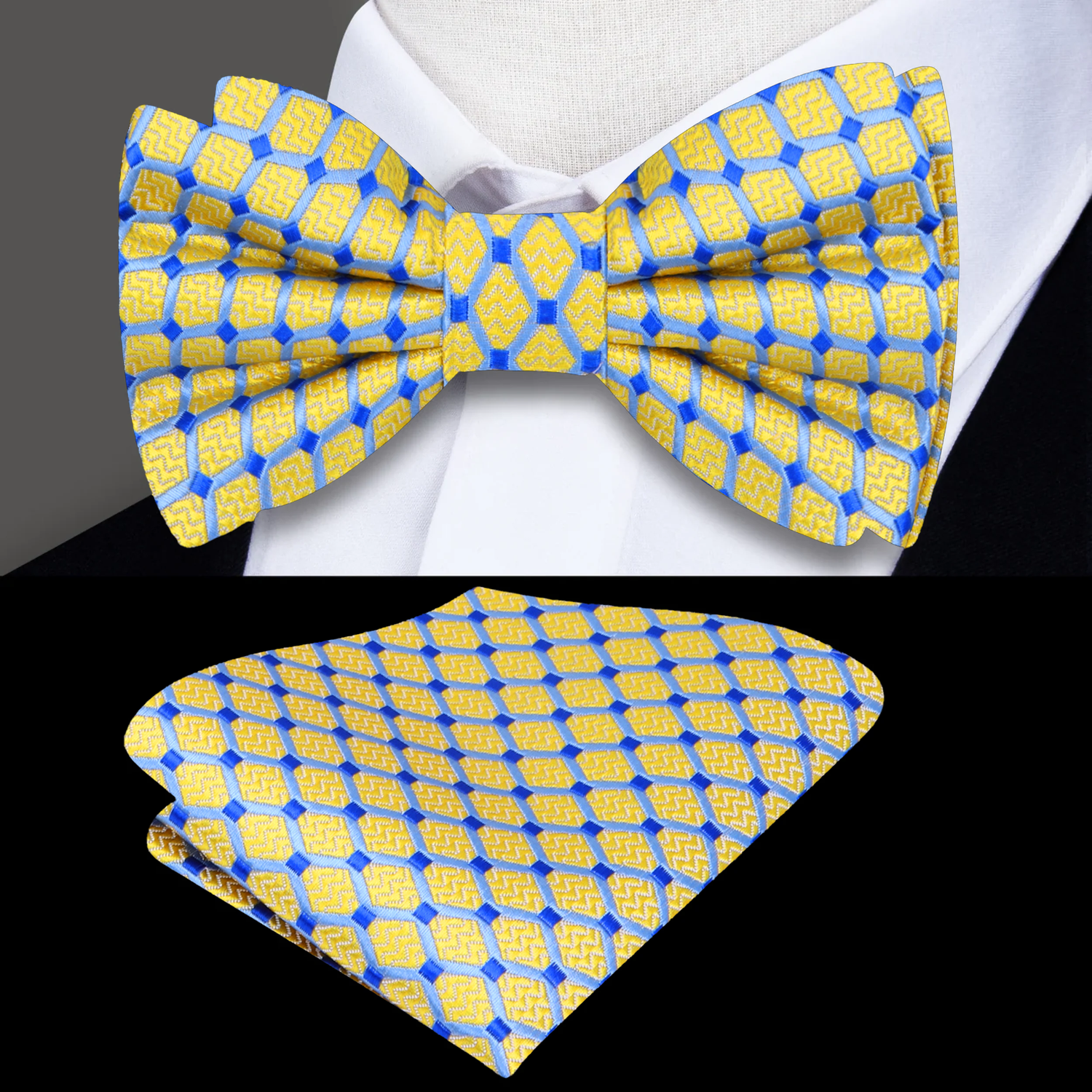 Main: Yellow and Blue Geometric Bow Tie and Pocket Square