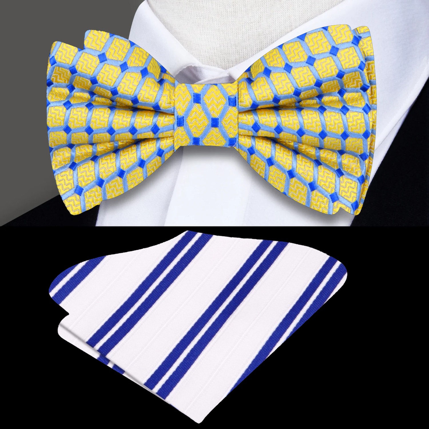 Yellow and Blue Geometric Bow Tie and Blue White Stripe Pocket Square