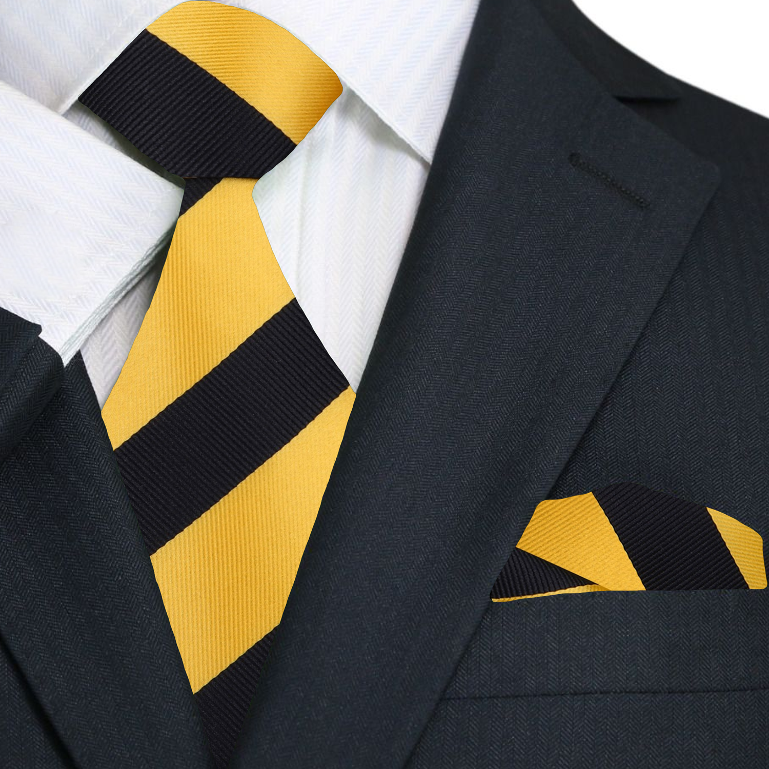 A Yellow, Black Stripe Pattern Necktie, Matching Pocket Square