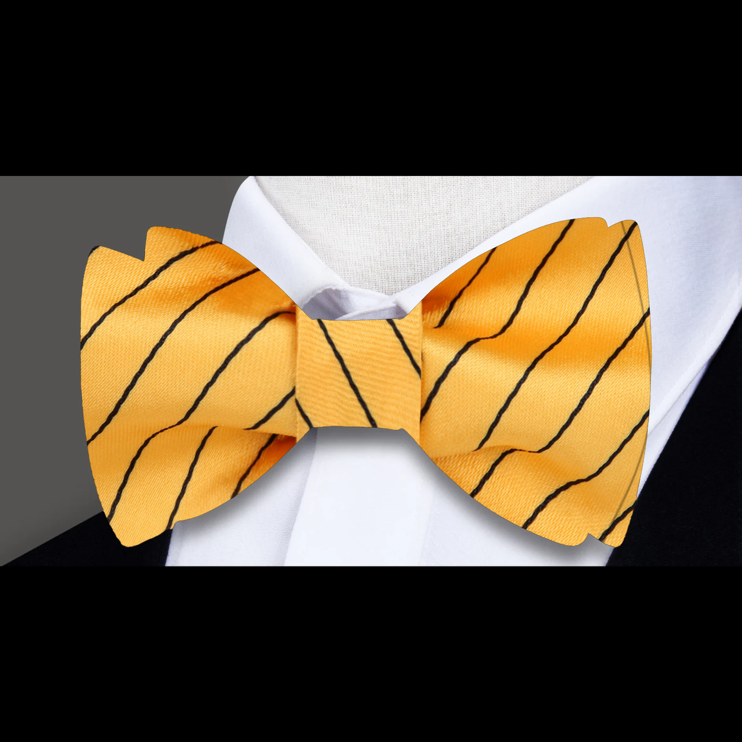 A Yellow with Small Black Stripes Pattern Silk Self Tie Bow Tie