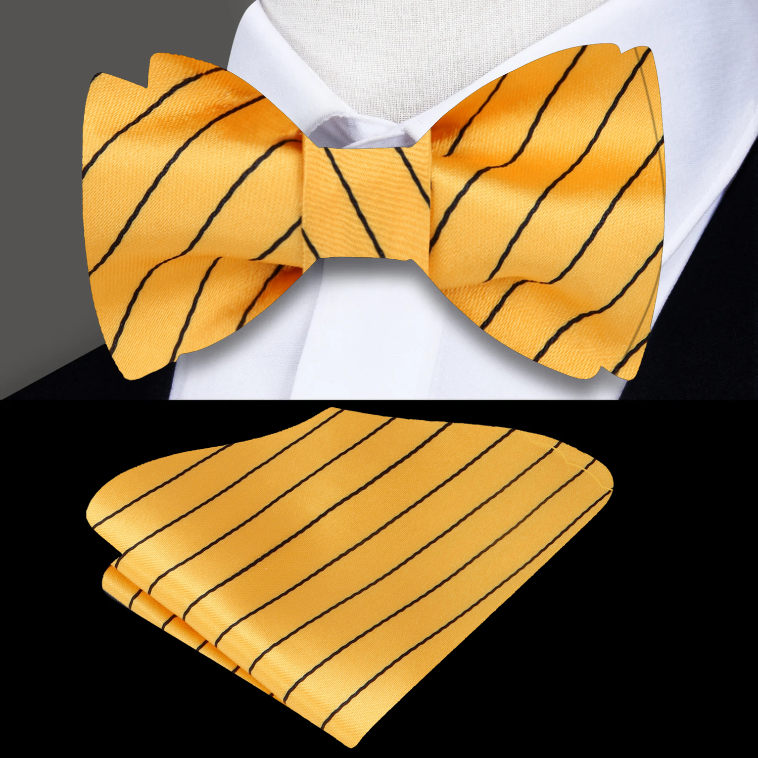 A Yellow with Small Black Stripes Pattern Silk Self Tie Bow Tie, Matching Pocket Square