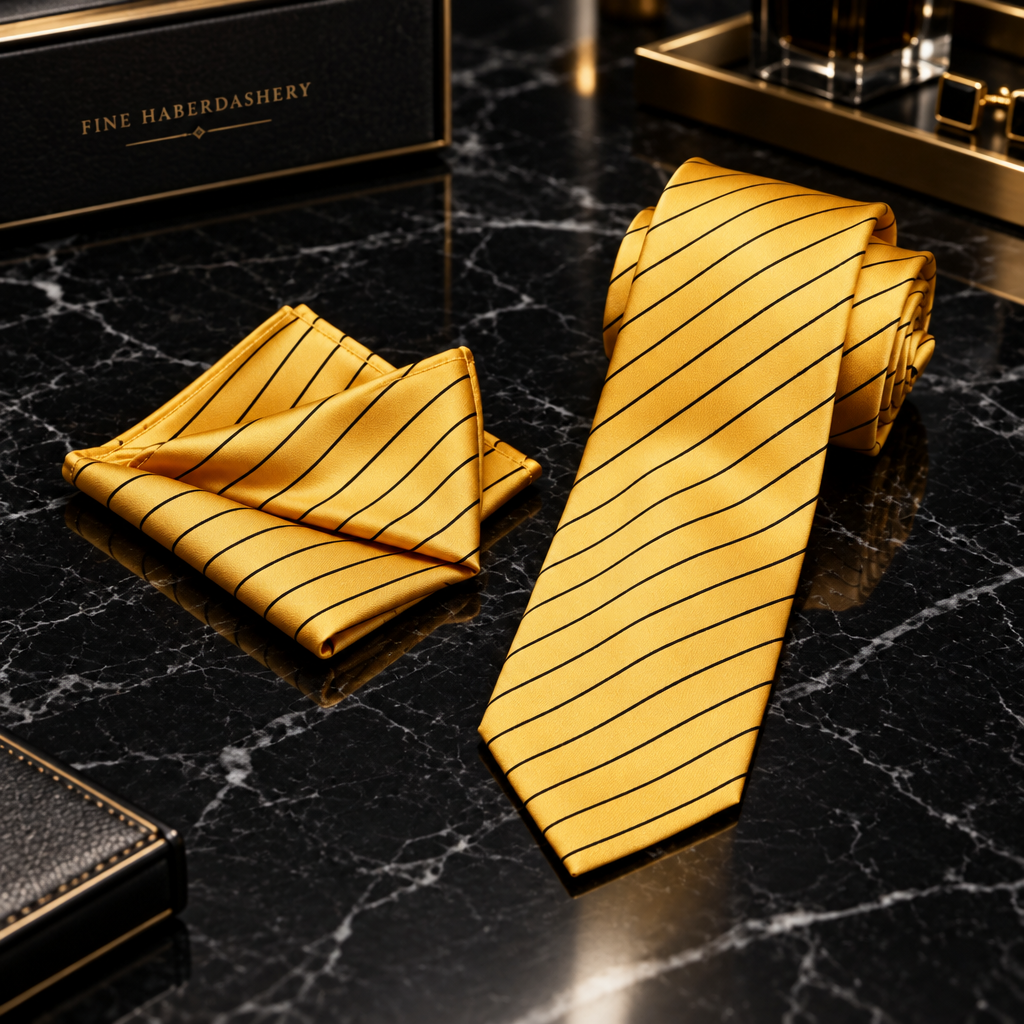 yellow and black pinstripe tie and square