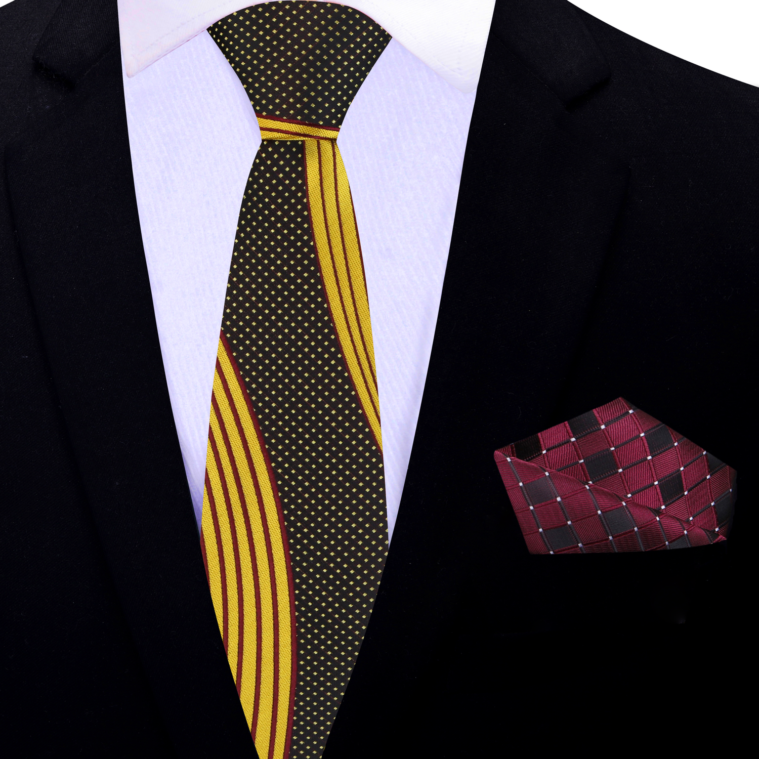 Thin: Yellow Gold, Black, Burgundy Abstract Necktie and Accenting Burgundy Square