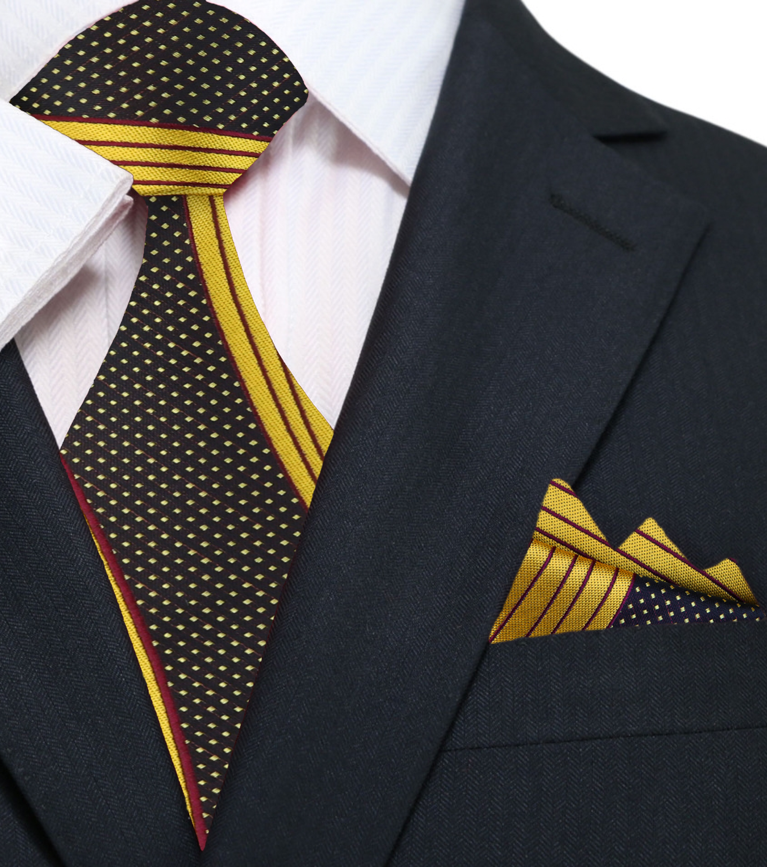 Yellow Gold, Black, Burgundy Abstract Necktie andc Square