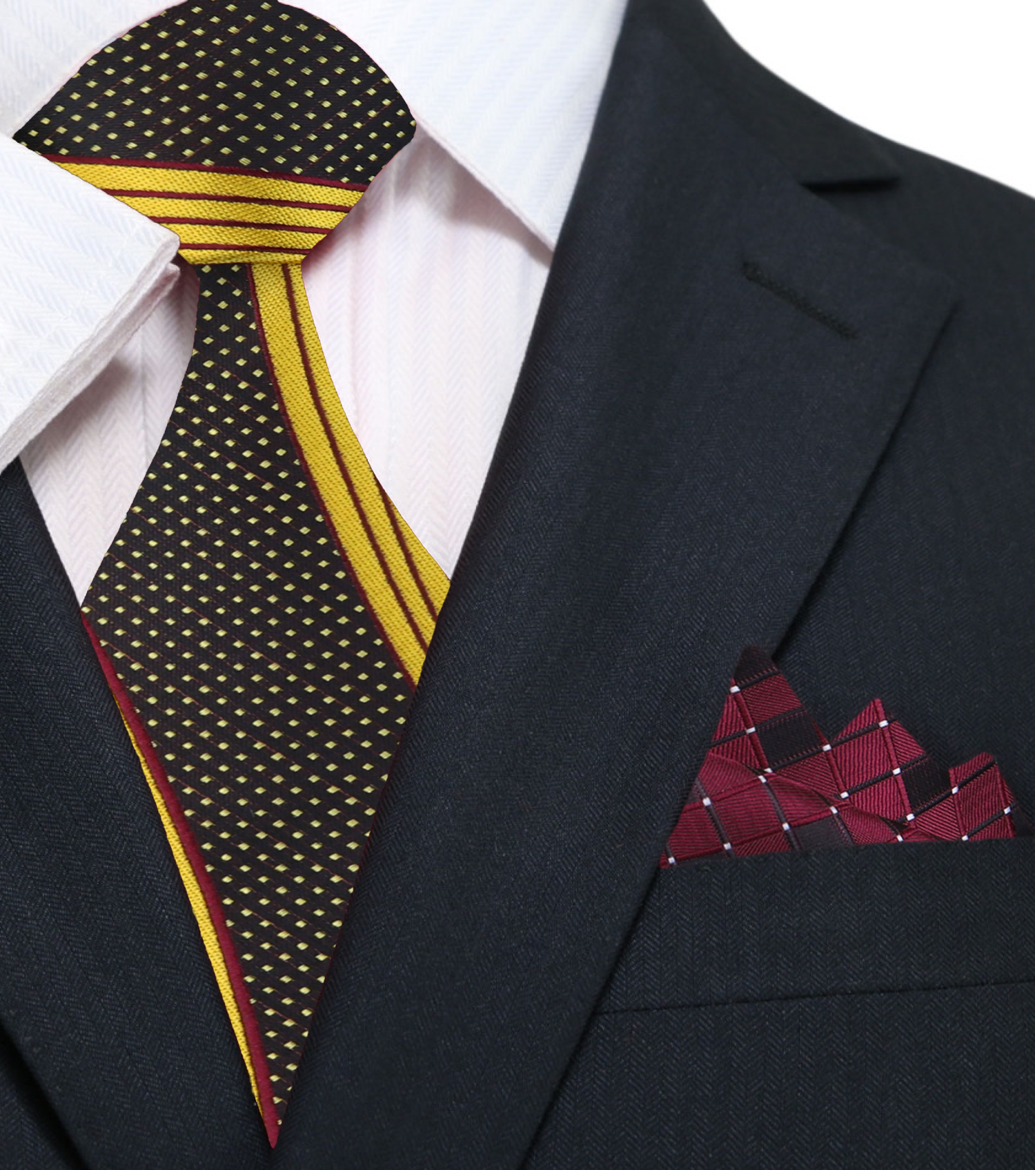 Yellow Gold, Black, Burgundy Abstract Necktie and Accenting Burgundy Square