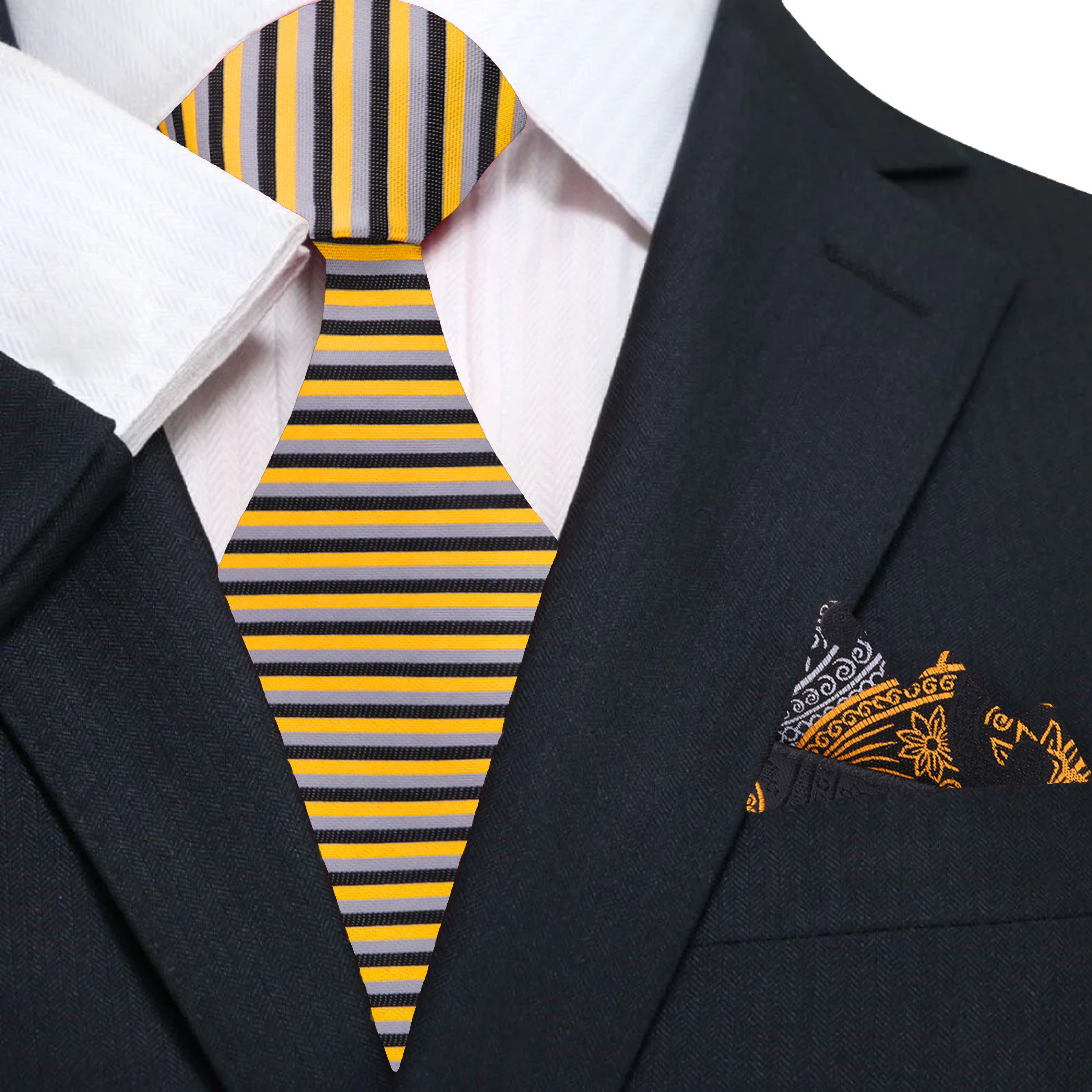Yellow Gold, Black & Grey Stripe Necktie