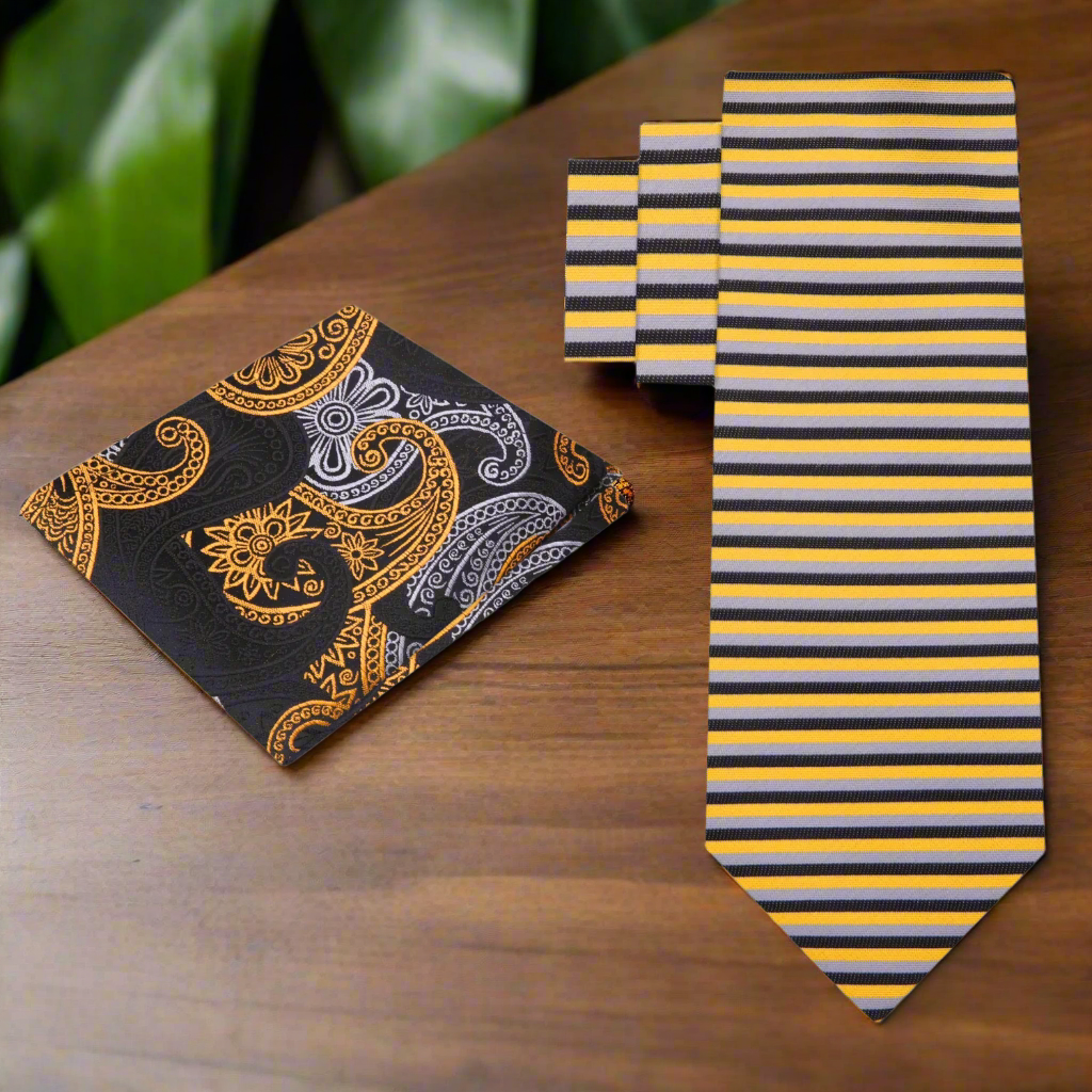 Alt Thin Black, Gold Stripe Tie and Accenting Square