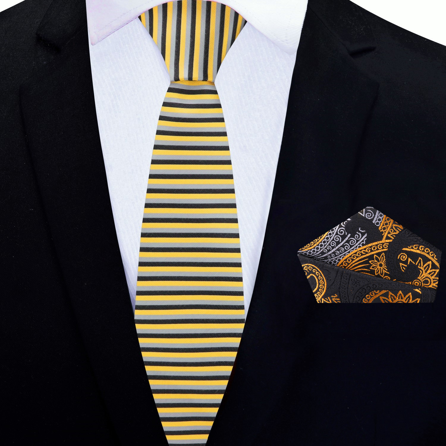 Thin Black, Gold Stripe Tie and Accenting Square