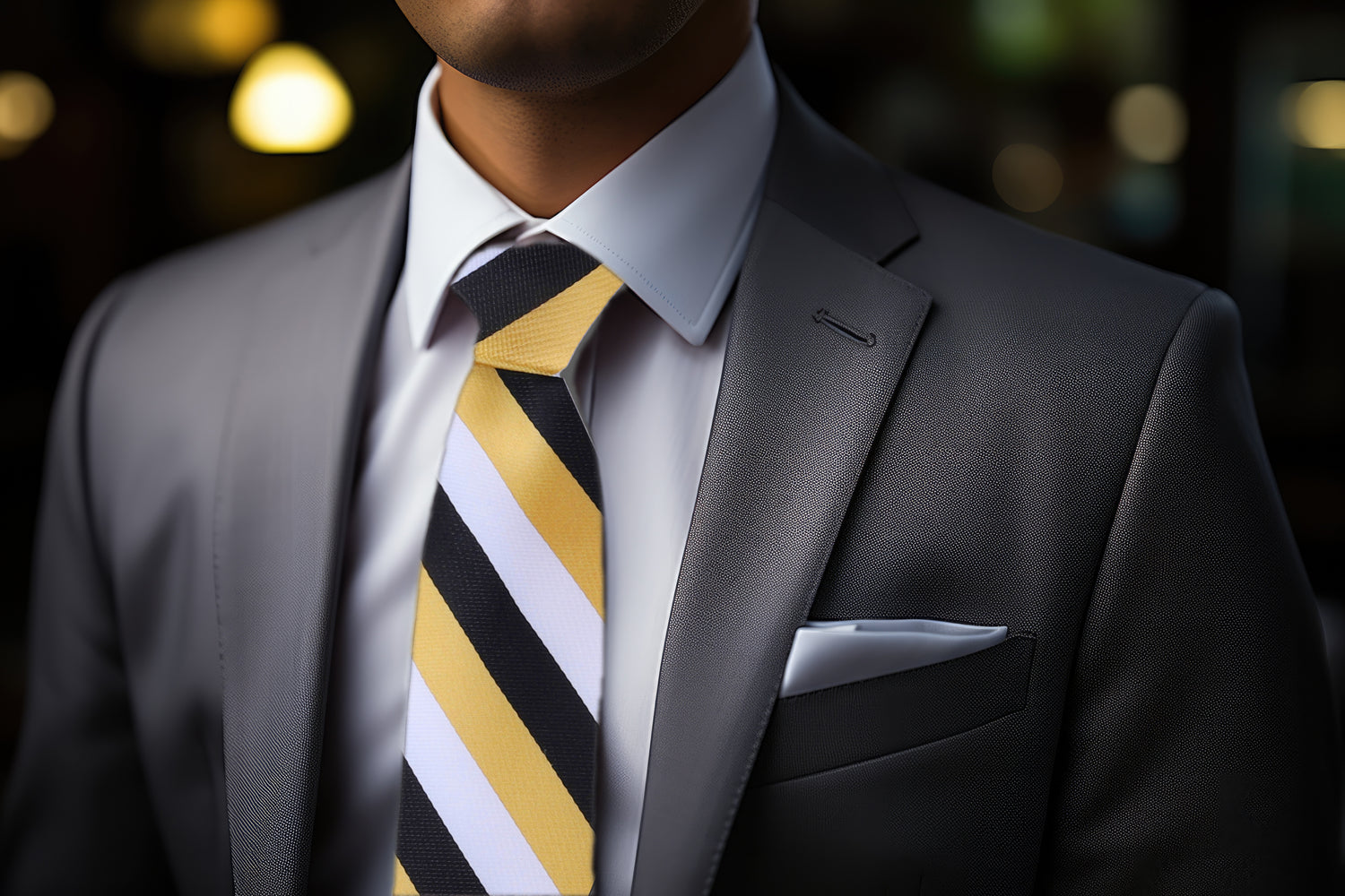 Gold, White, Black Stripe Tie and Grey Square on Man Wearing Suit