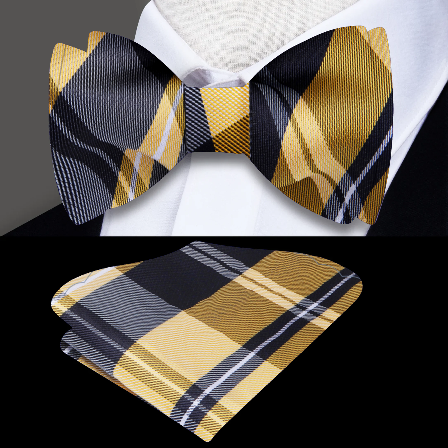 A Yellow, Black Plaid Pattern Silk Self Tie Bow Tie, Matching Silk Pocket Square
