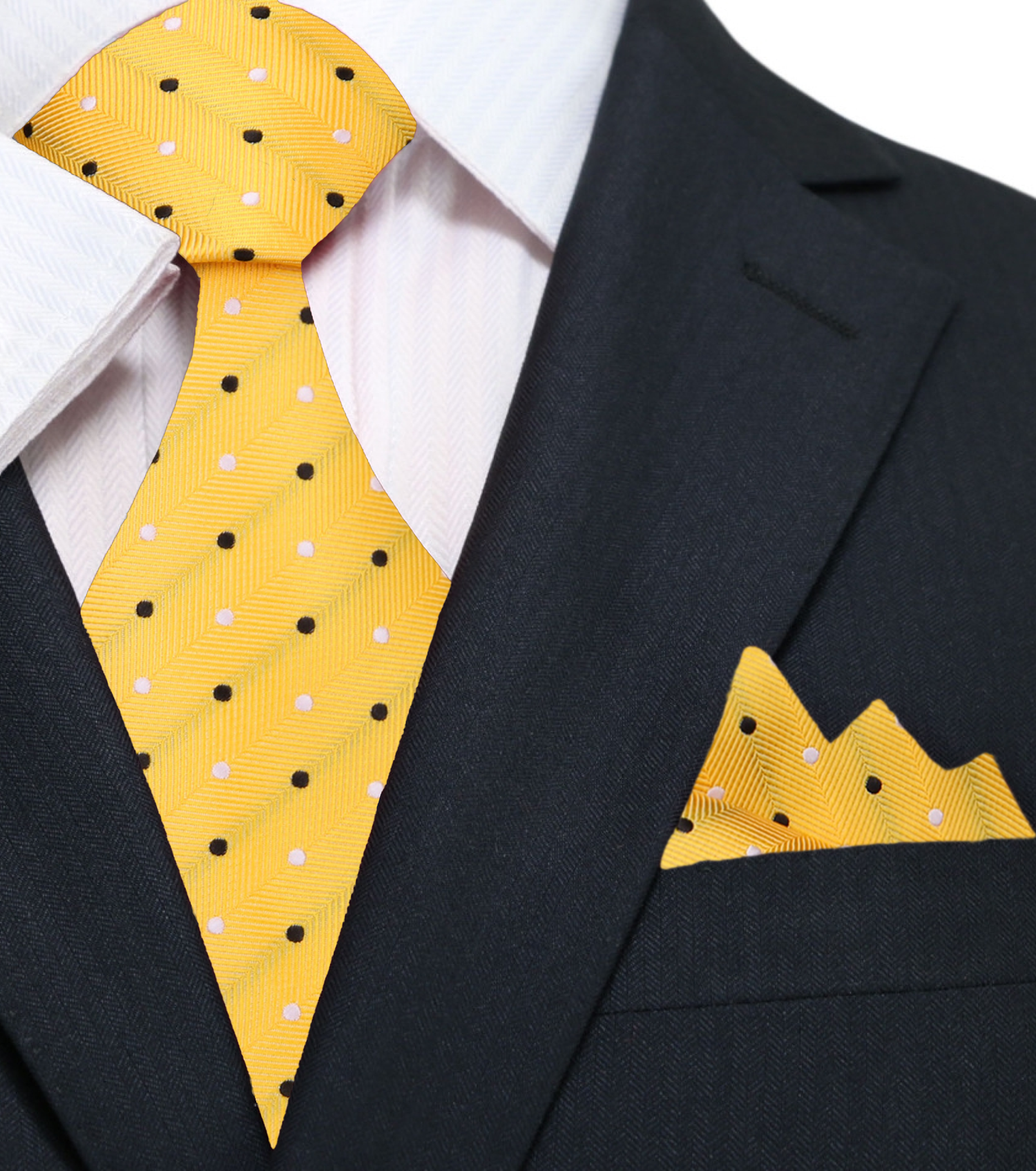A Yellow, White, Black Polka Dot Pattern Silk Necktie, Matching Pocket Square||Yellow with Black, White Dots