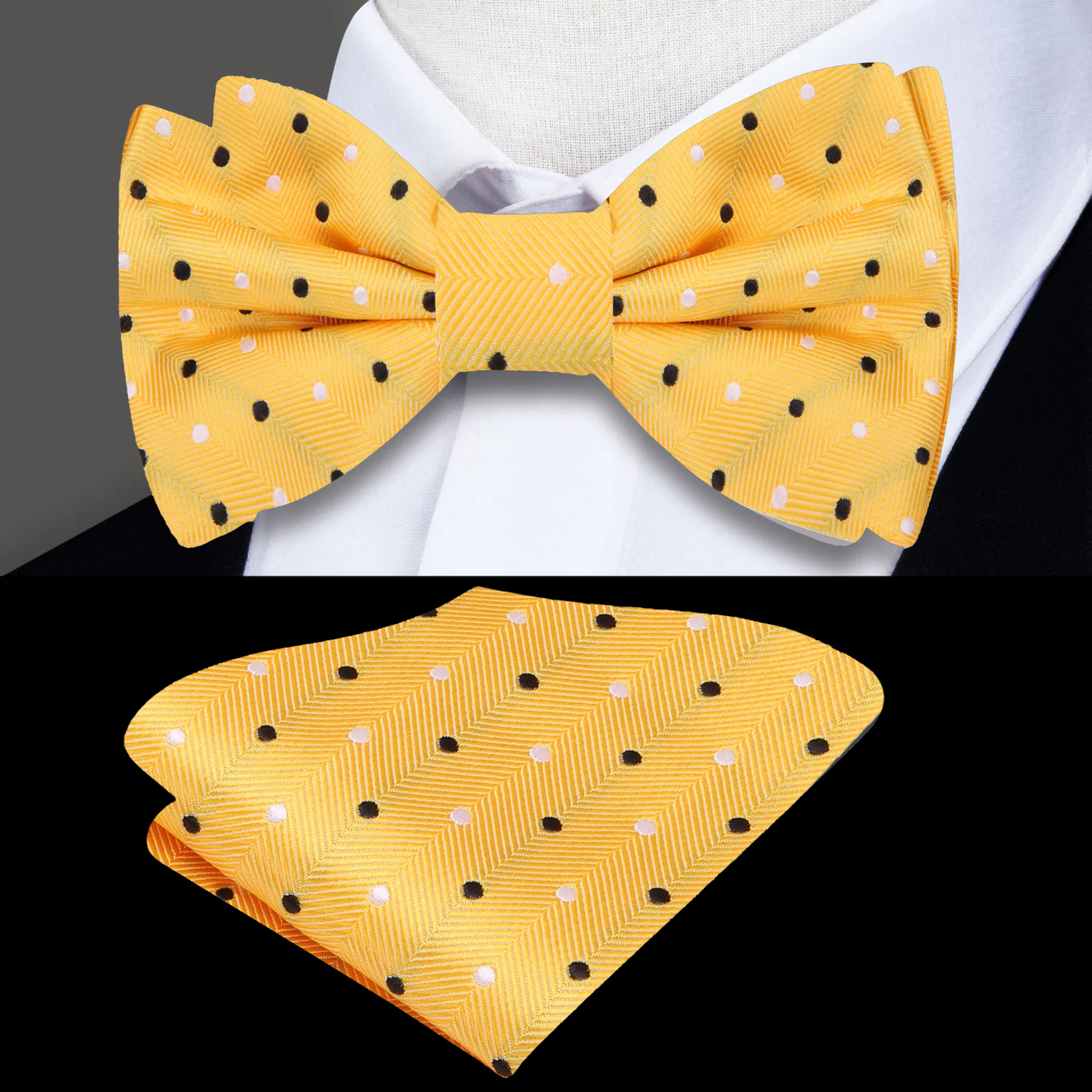 Main View: Yellow Black White Color Dots Bow Tie and Pocket Square