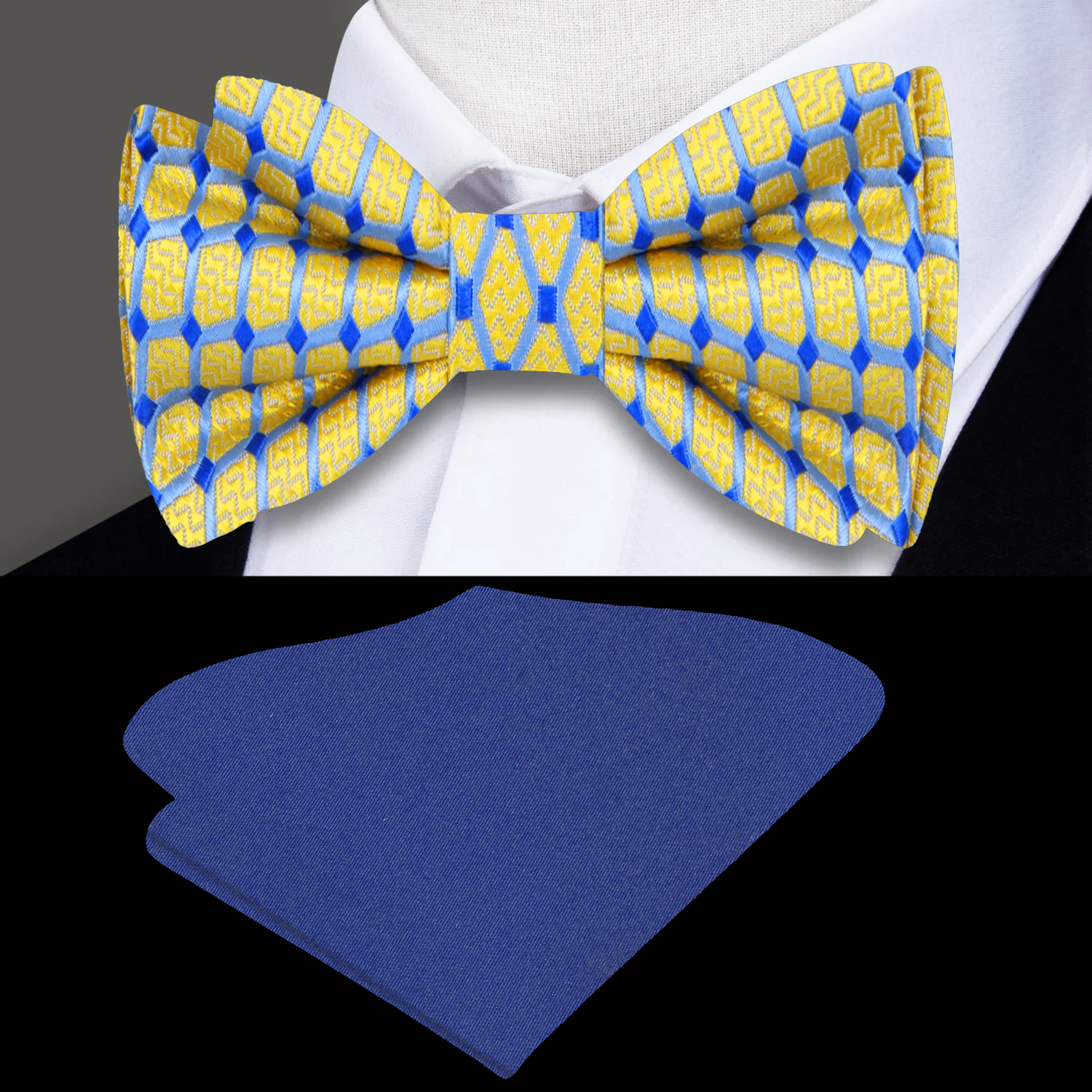 Yellow and Blue Geometric Bow Tie and Blue Pocket Square