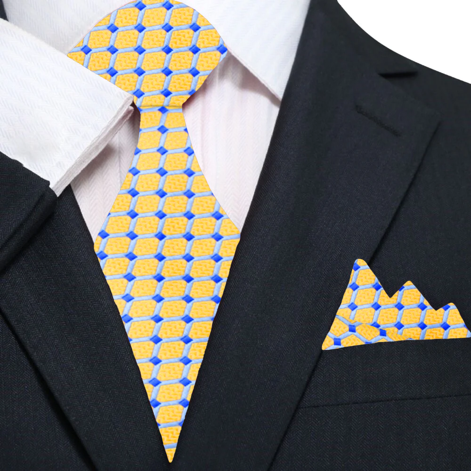 A Yellow, White, Light Blue Geometric Pattern Pattern Silk Necktie, Matching Pocket Square