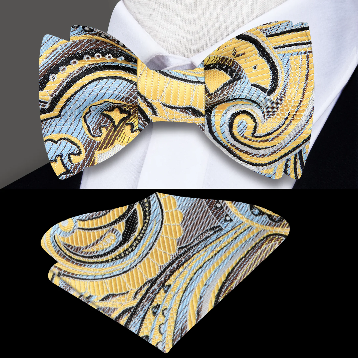 Yellow, Blue Paisley Bow Tie and Square