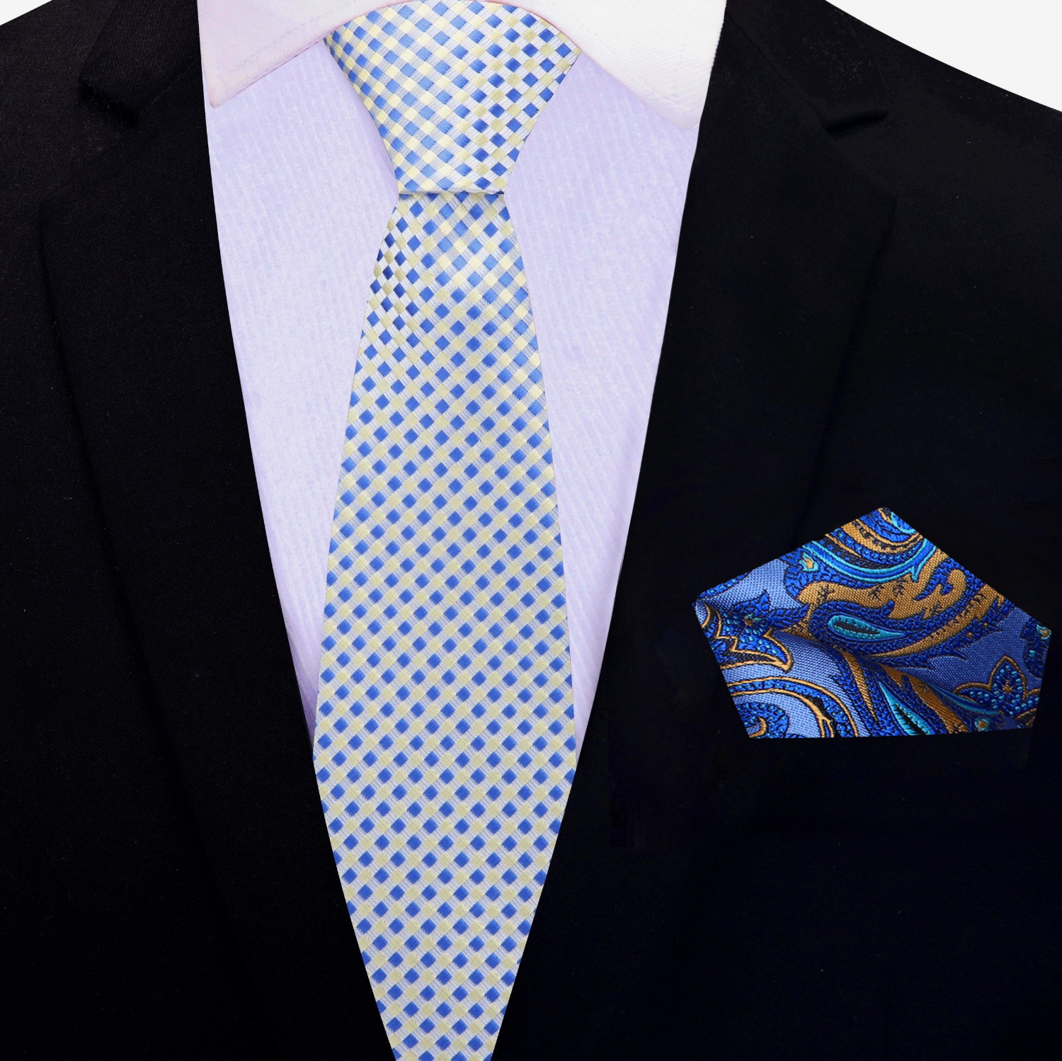 Thin Tie: Yellow Blue Check Necktie and Accenting Blue Square