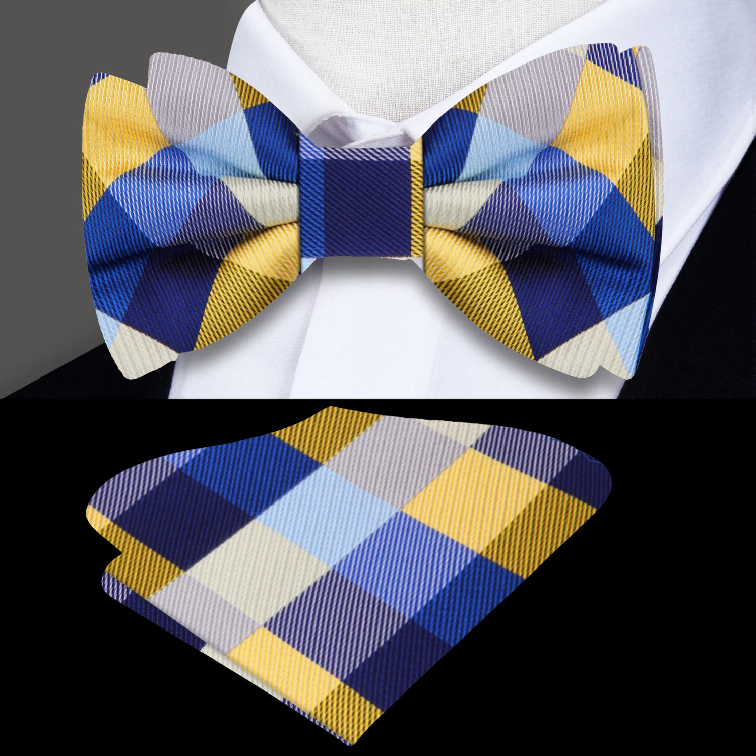 Green, Blue Check Bow Tie and Pocket Square