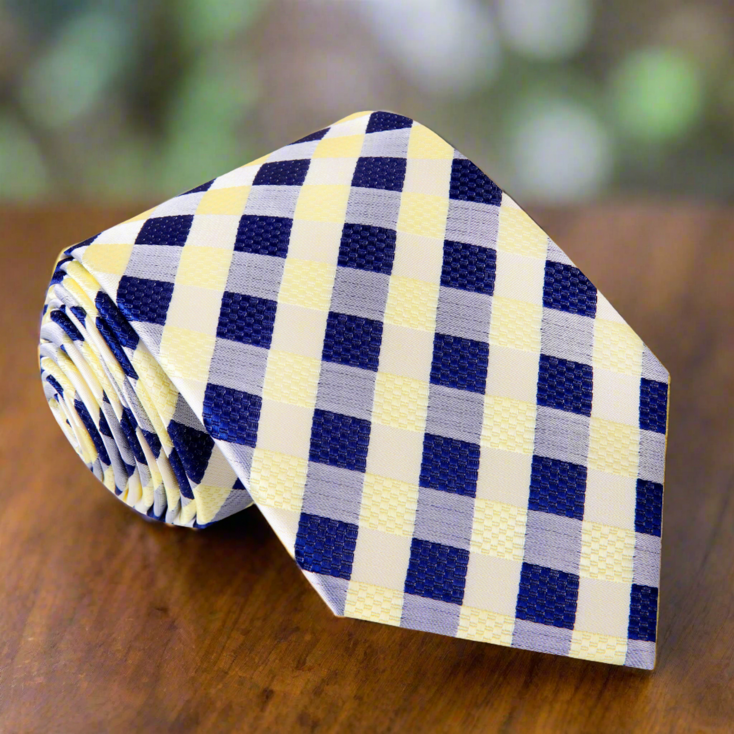 A Yellow, Blue Check Pattern Silk Necktie 