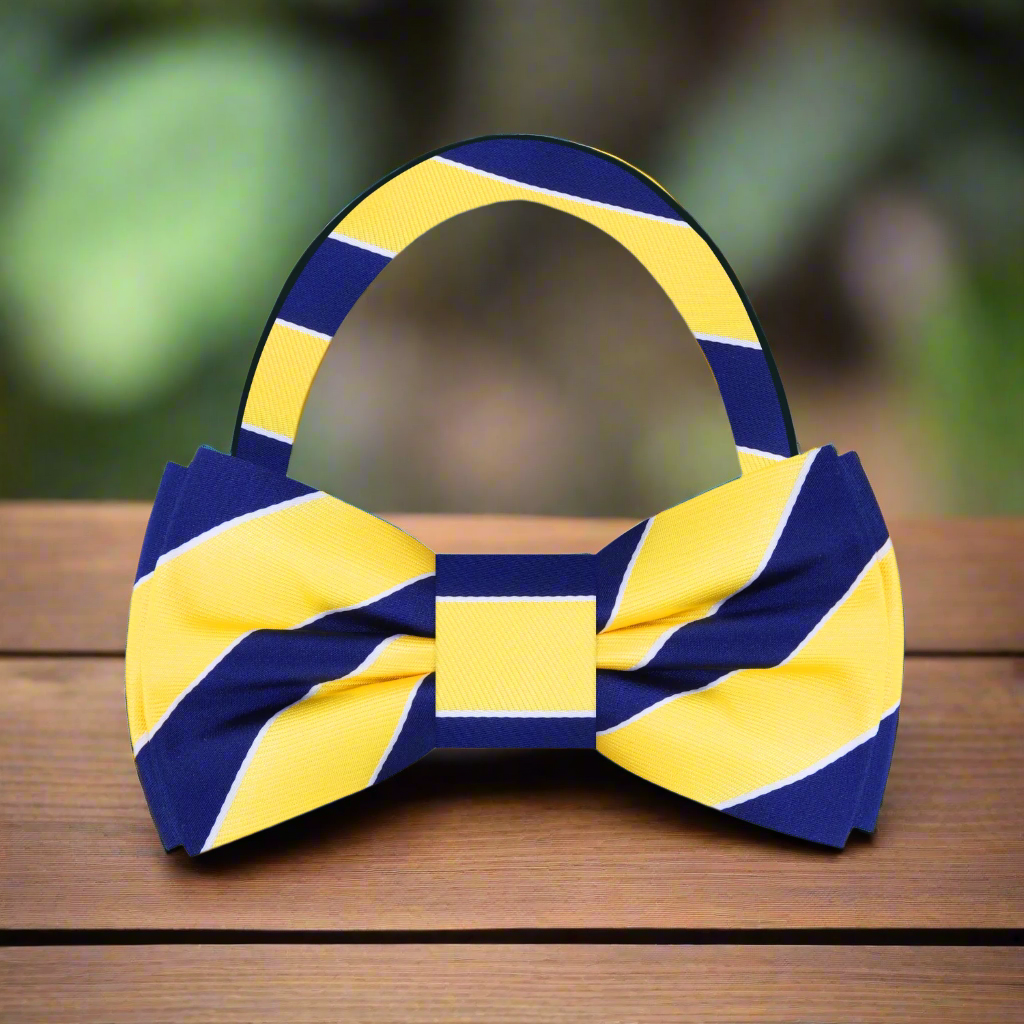 Pre Tied Yellow Blue Block Stripe Bow Tie