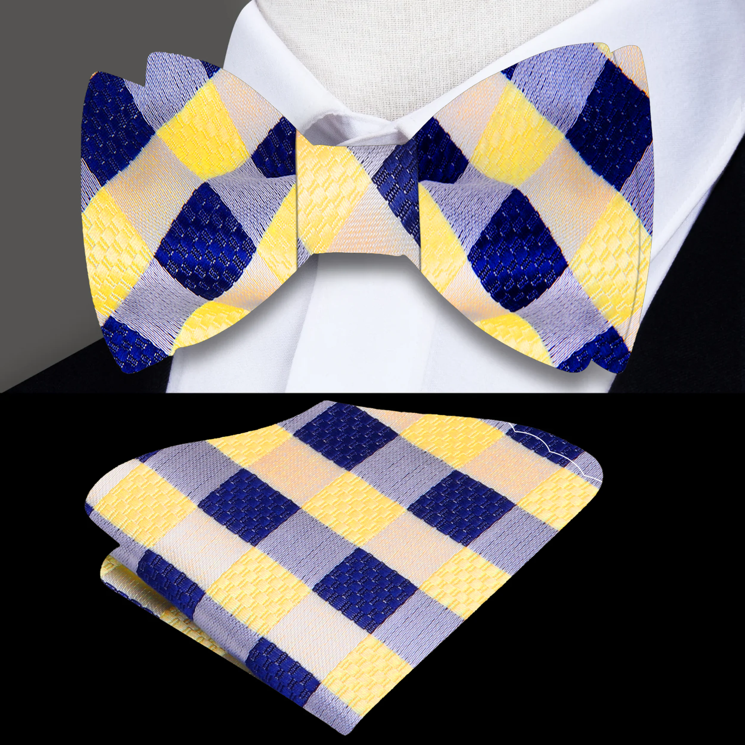 Main: A Yellow, Blue Geometric Pattern Silk Pre Tied Bow Tie, Matching Pocket Square