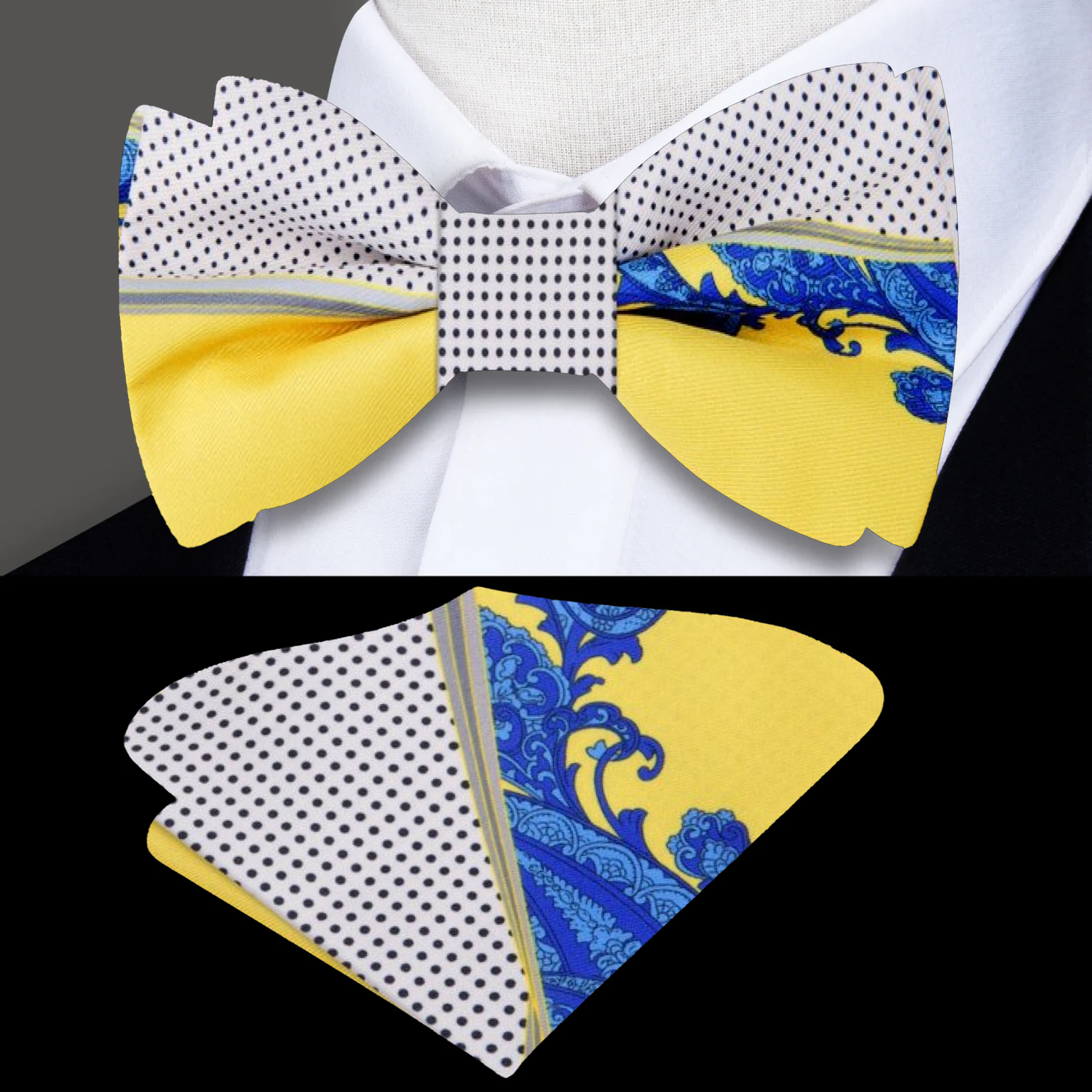 Yellow Blue Paisley Bow Tie and Pocket Square||Yellow