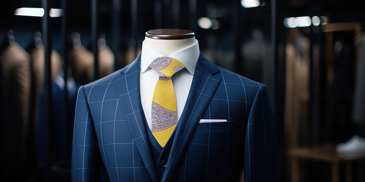 Yellow Paisley Necktie On Dark Blue Suit
