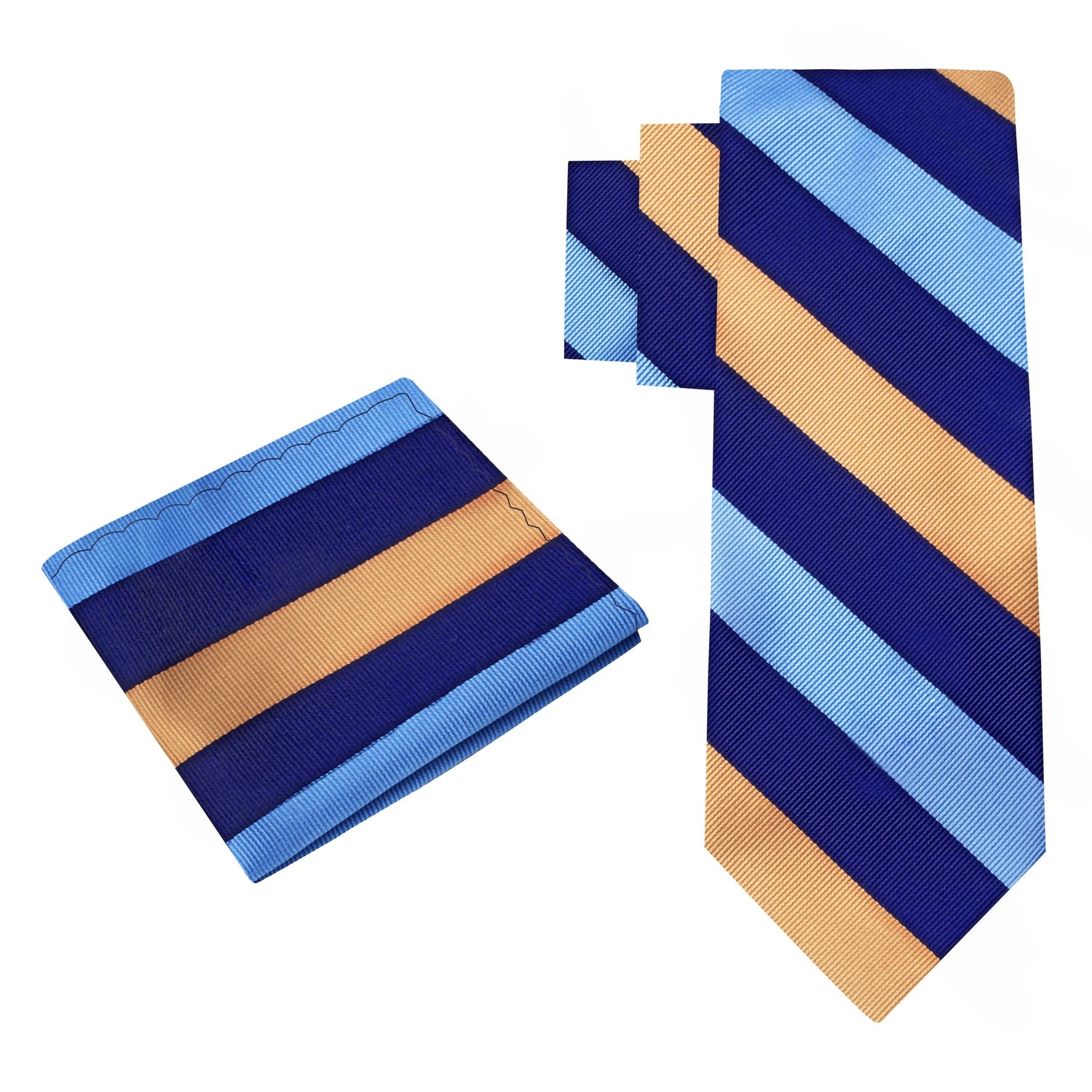 Alt View: A Blue, Light Blue, Yellow Stripe Pattern Silk Necktie, Matching Pocket Square