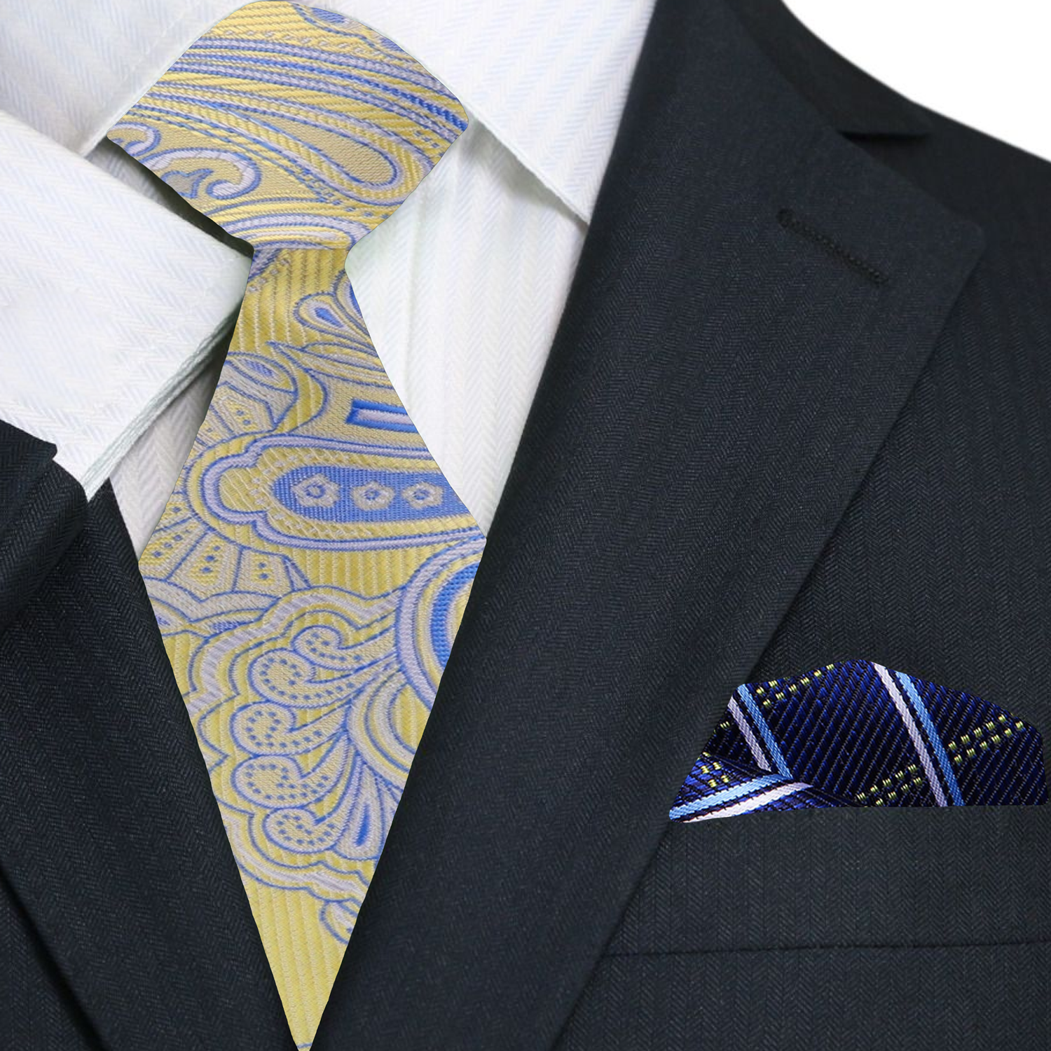 A Yellow and Blue Paisley Tie and Accenting Pocket Square