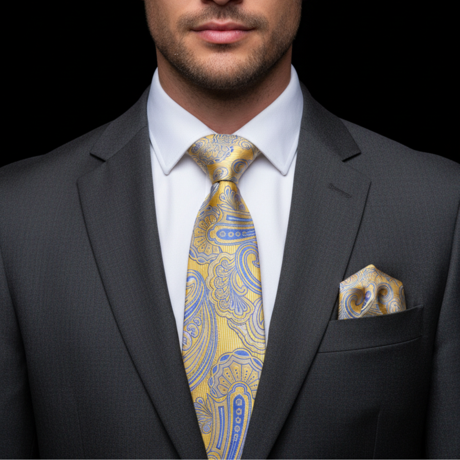 Man wearing a gray suit with a yellow and blue patterned tie and pocket square on a black background