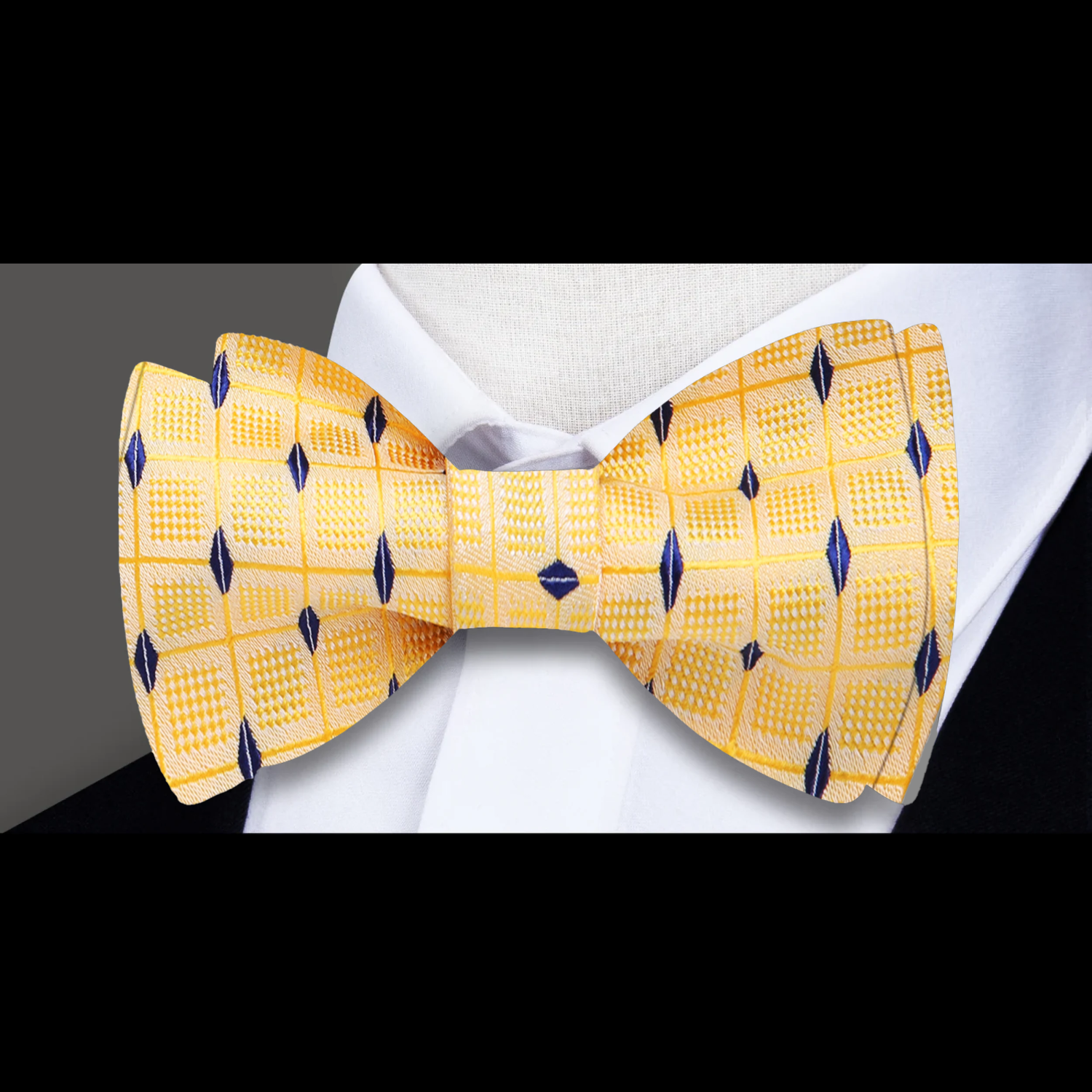 A Yellow, Blue Geometric Check Pattern Silk Self Tie Bow Tie