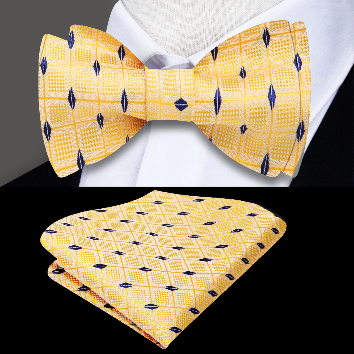 A Yellow, Blue Geometric Check Pattern Silk Self Tie Bow Tie and Square