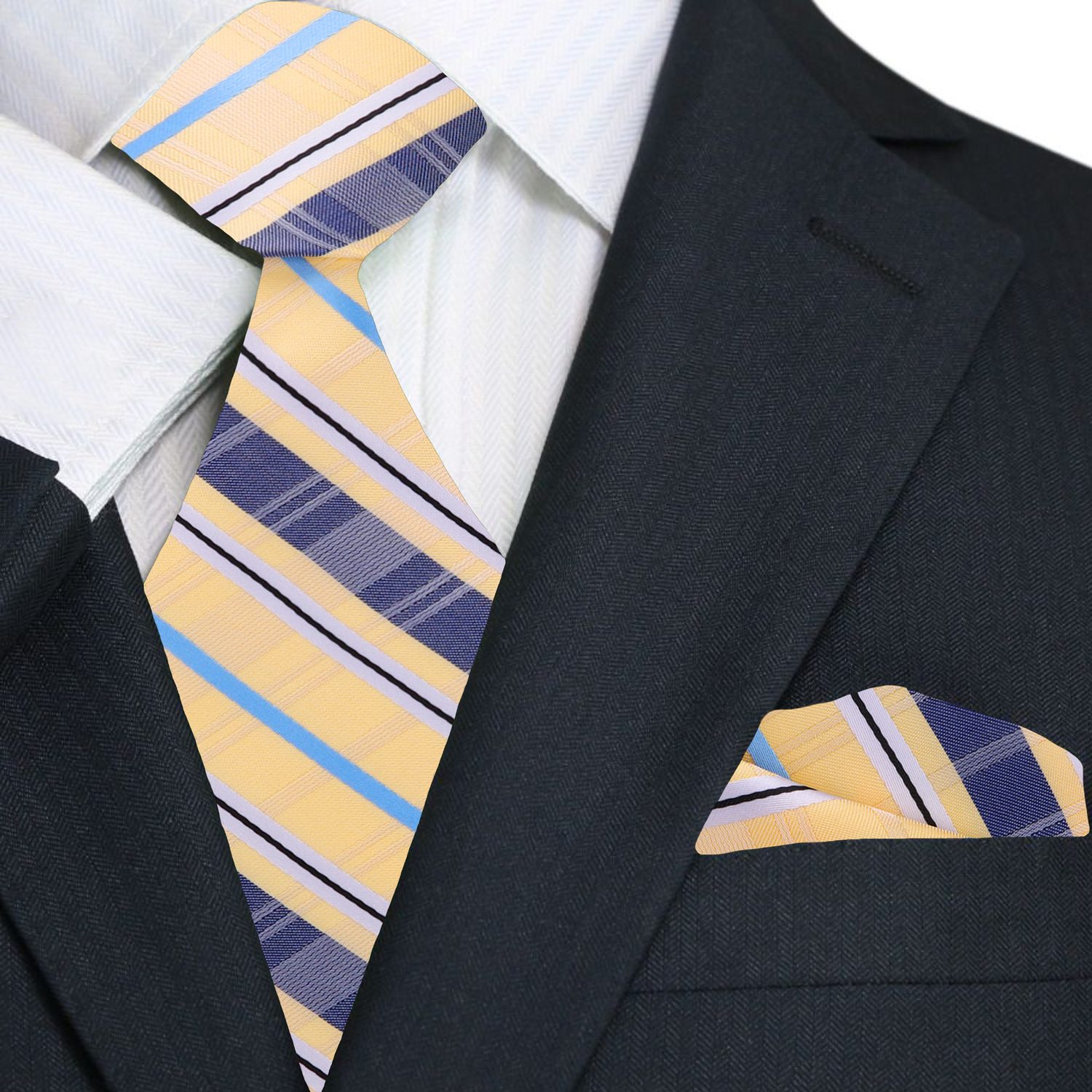 Yellow, Blue and White Plaid Necktie and Square
