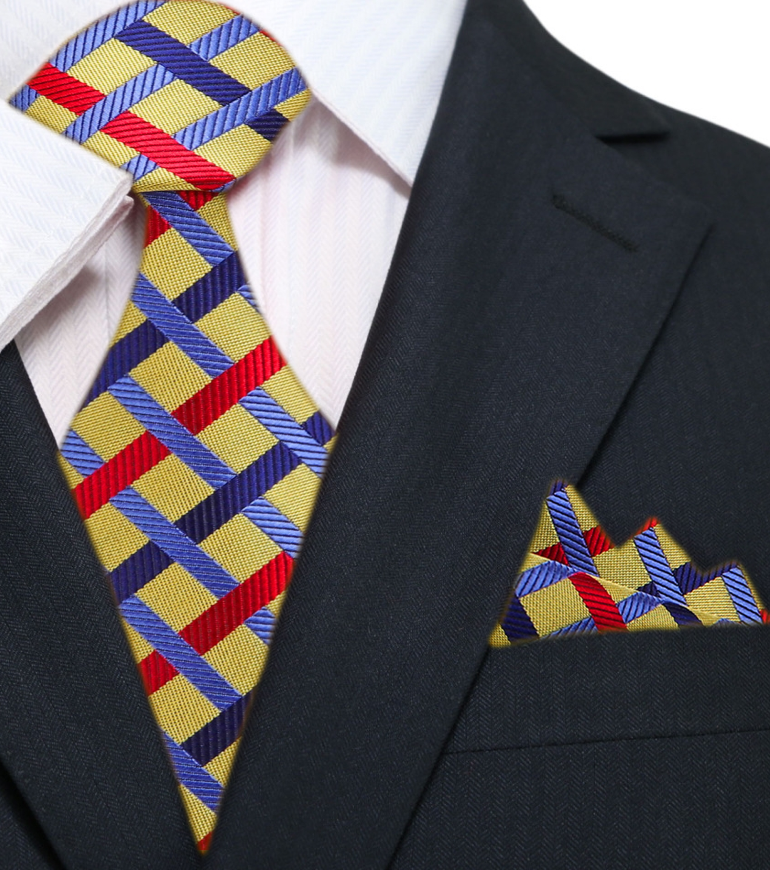 Main: A Light Gold, Red, Blue Intersecting Lines Pattern Silk Necktie, Matching Pocket Square